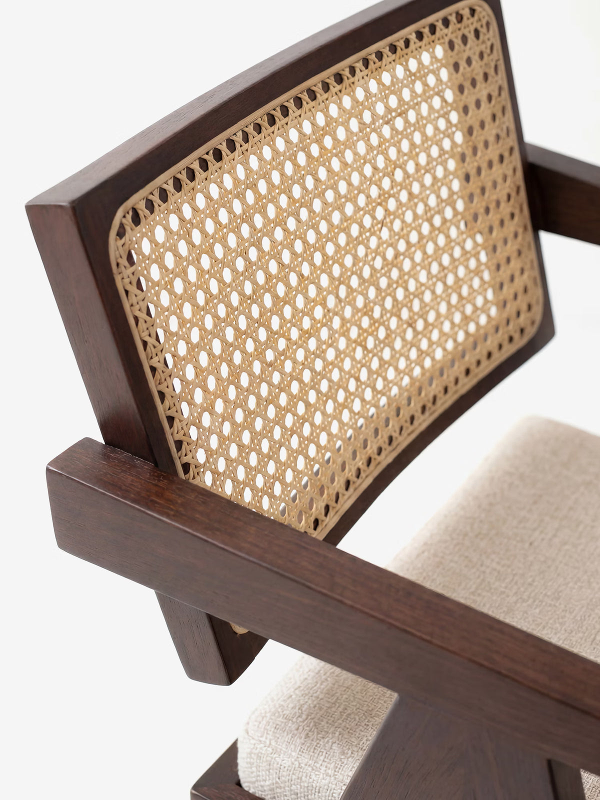 Antea Chair with armrests in solid wenge wood - rattan backrest and padded seat in cotton-blend fabric