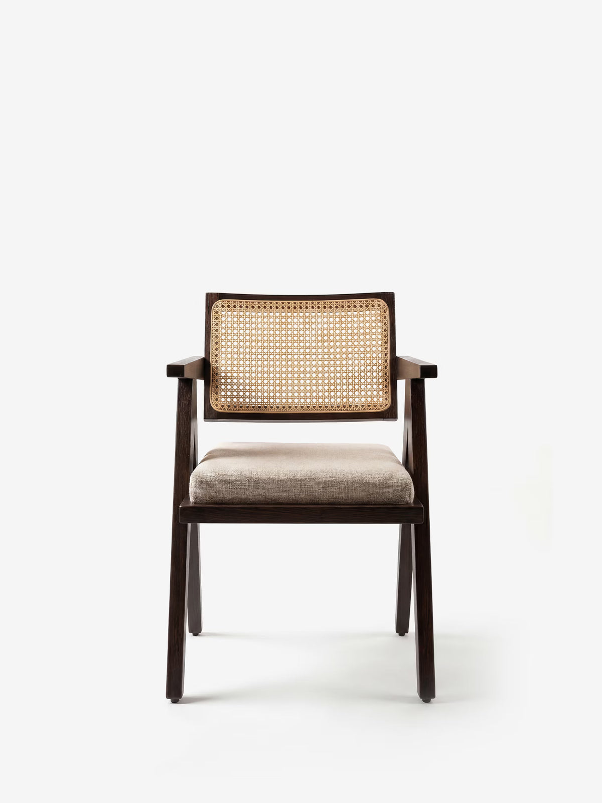 Antea Chair with armrests in solid wenge wood - rattan backrest and padded seat in cotton-blend fabric