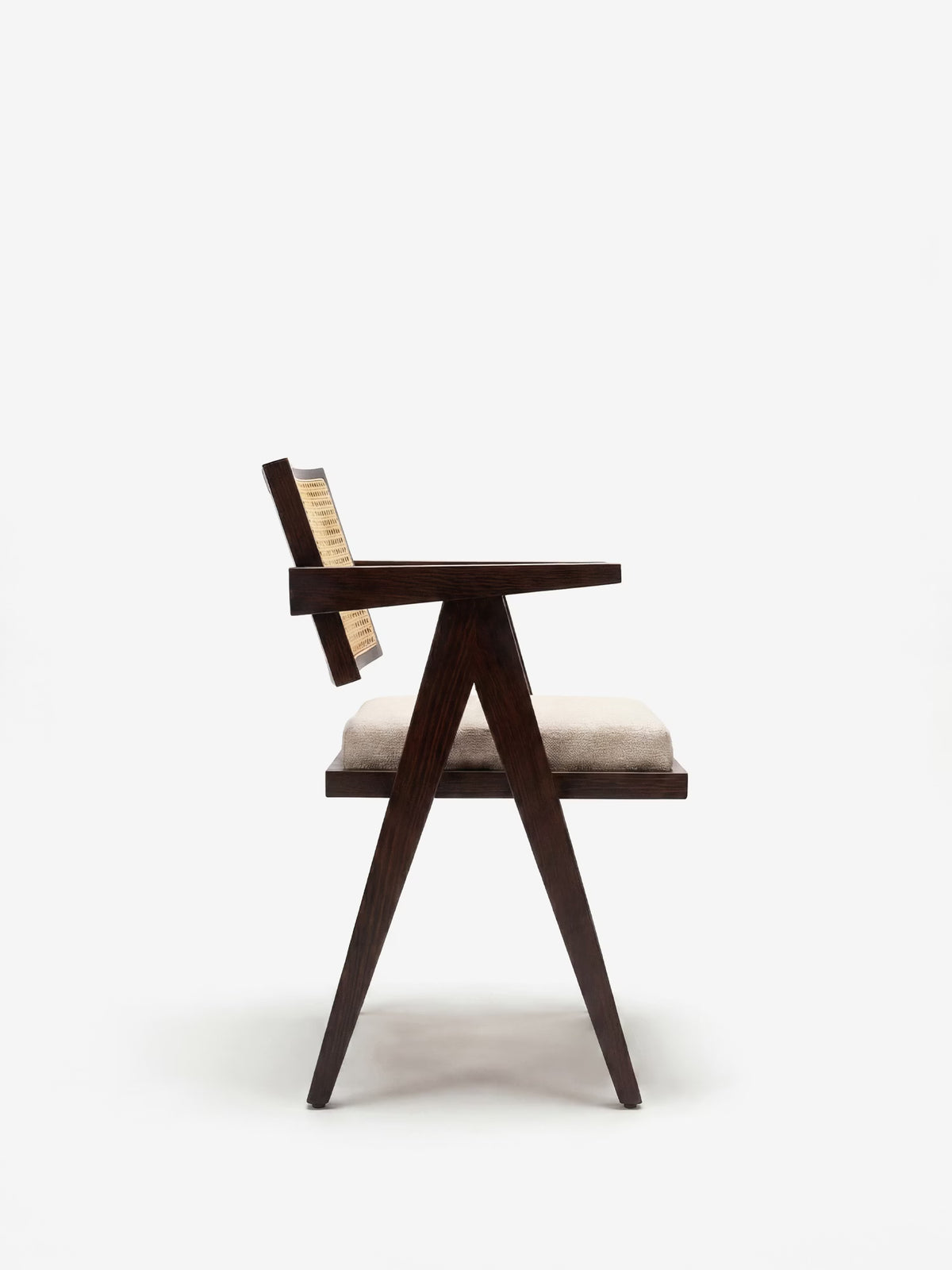 Antea Chair with armrests in solid wenge wood - rattan backrest and padded seat in cotton-blend fabric