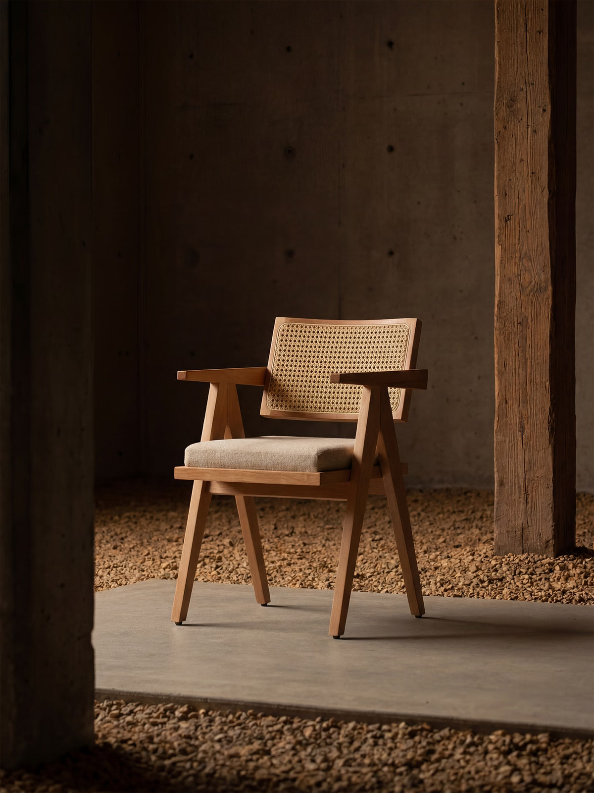 Antea Sedia con braccioli in Rovere - schienale in rattan e seduta imbottita in tessuto misto cotone