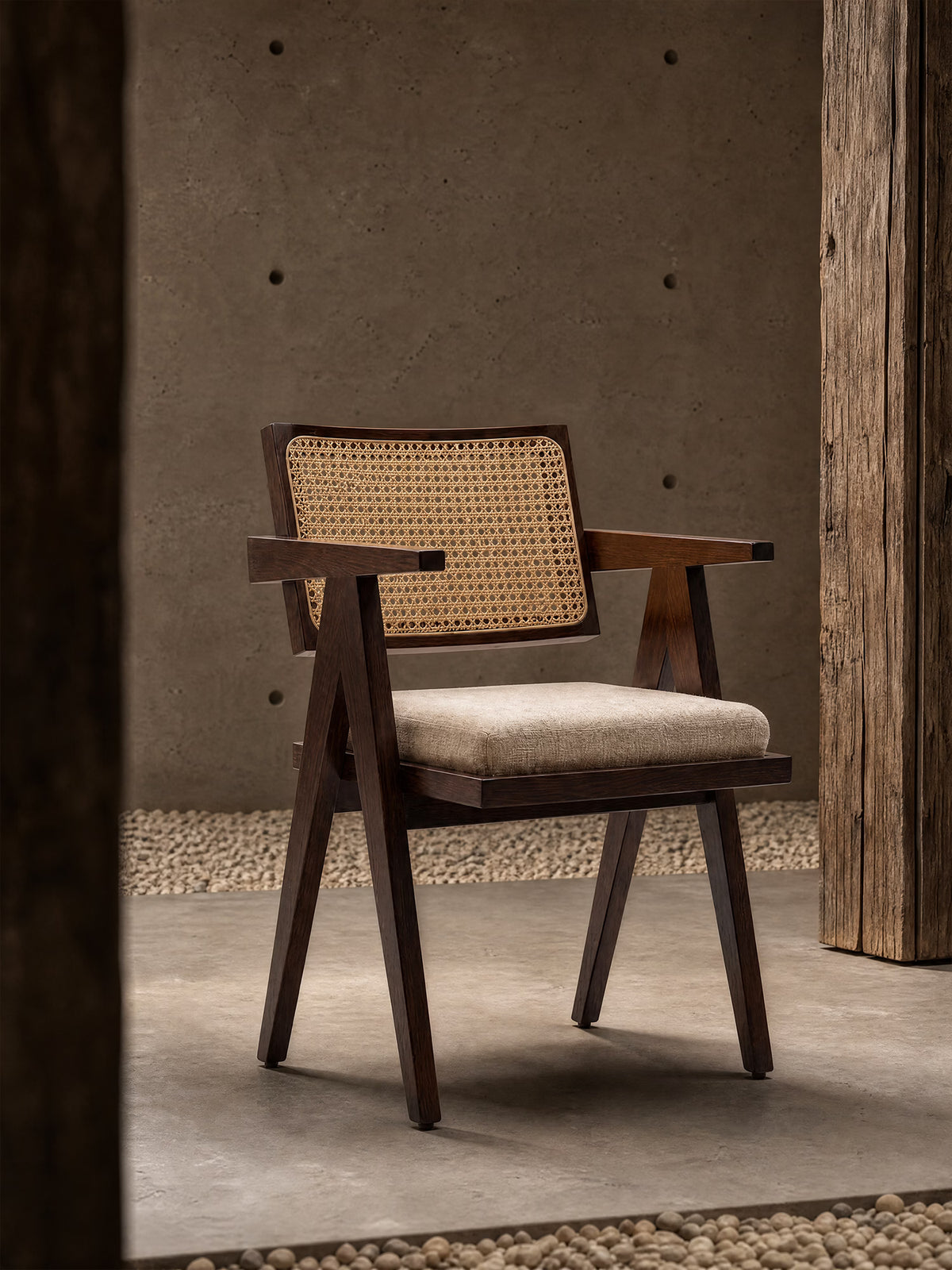 Antea Chair with armrests in solid wenge wood - rattan backrest and padded seat in cotton-blend fabric