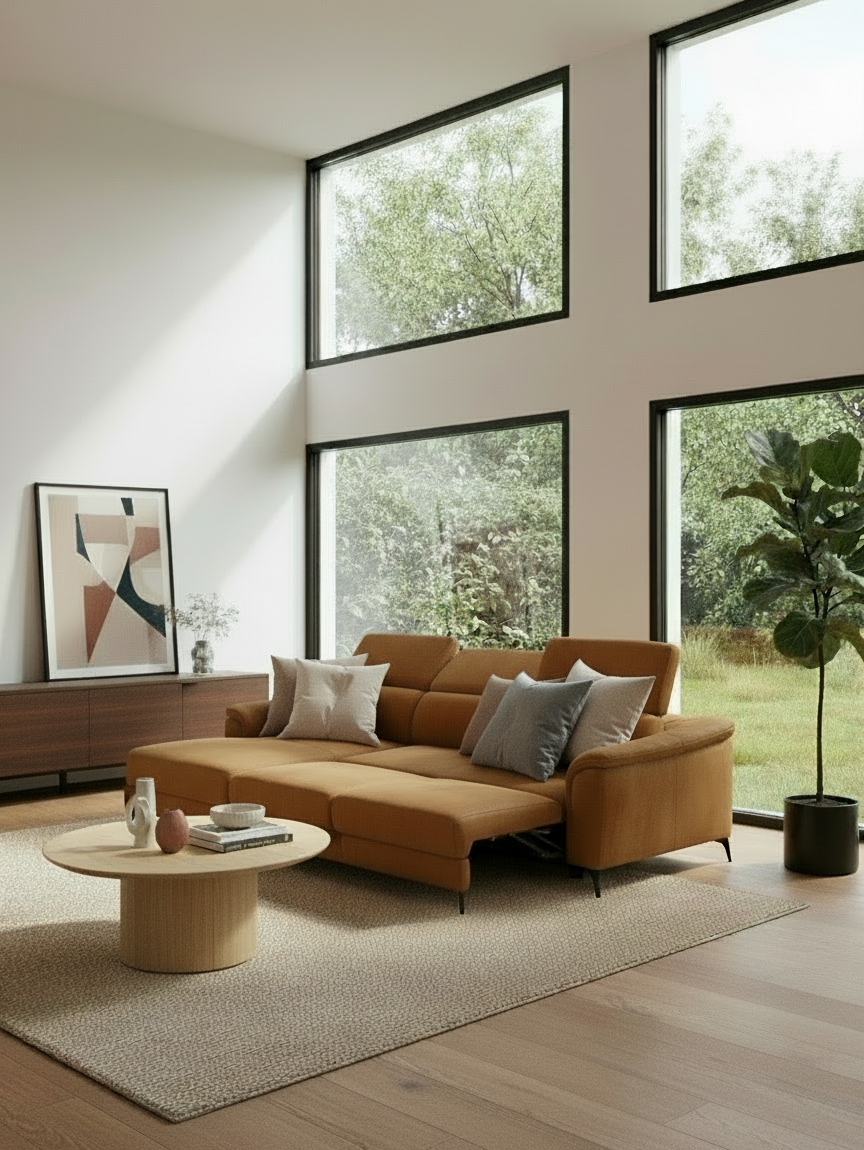 Arcos sofá con península – reposacabezas reclinables, asientos extraíbles o relax eléctrico en microfibra antimanchas