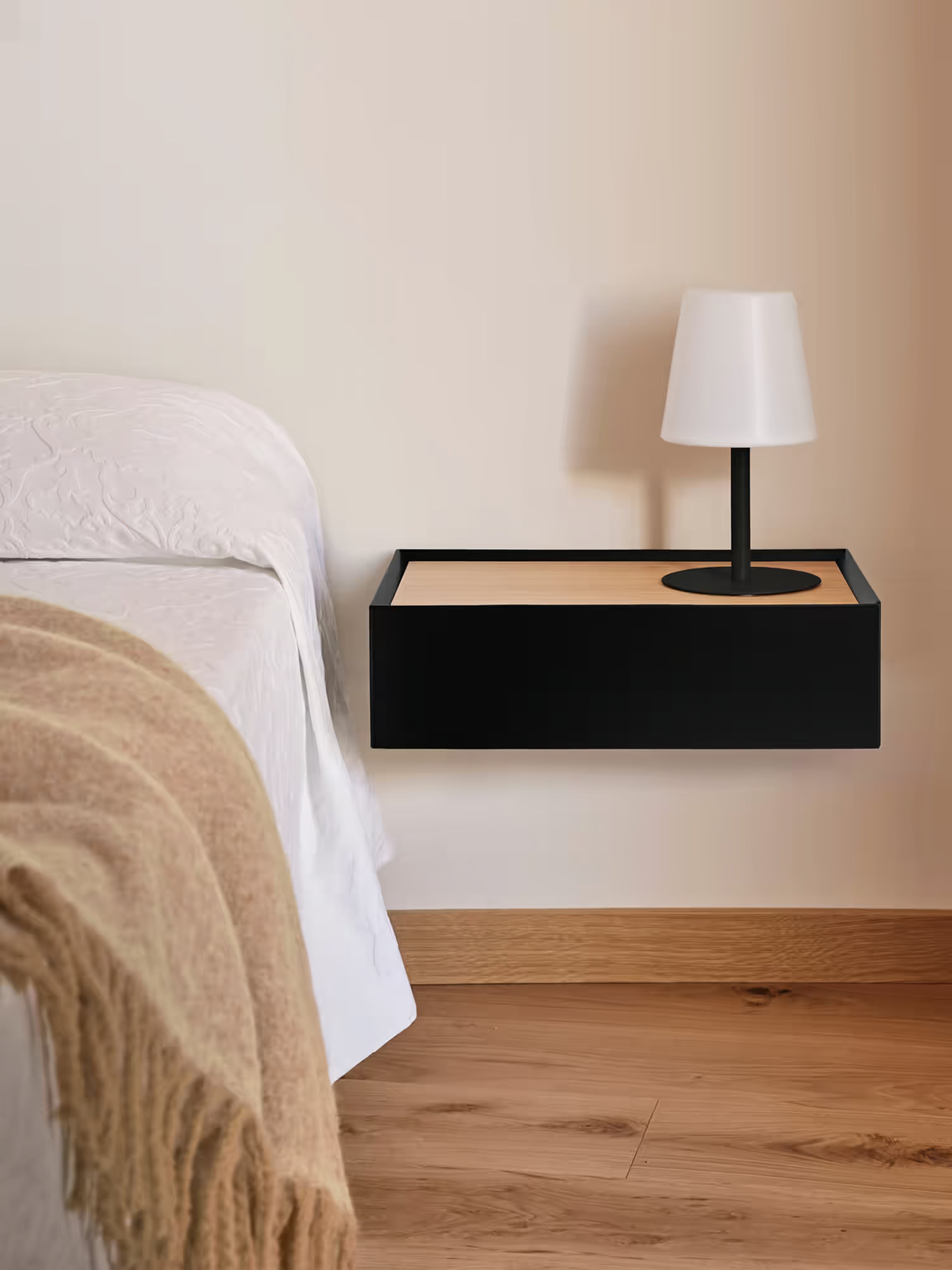 Arista suspended bedside table black with oak top - 1 drawer 50 x 16 cm
