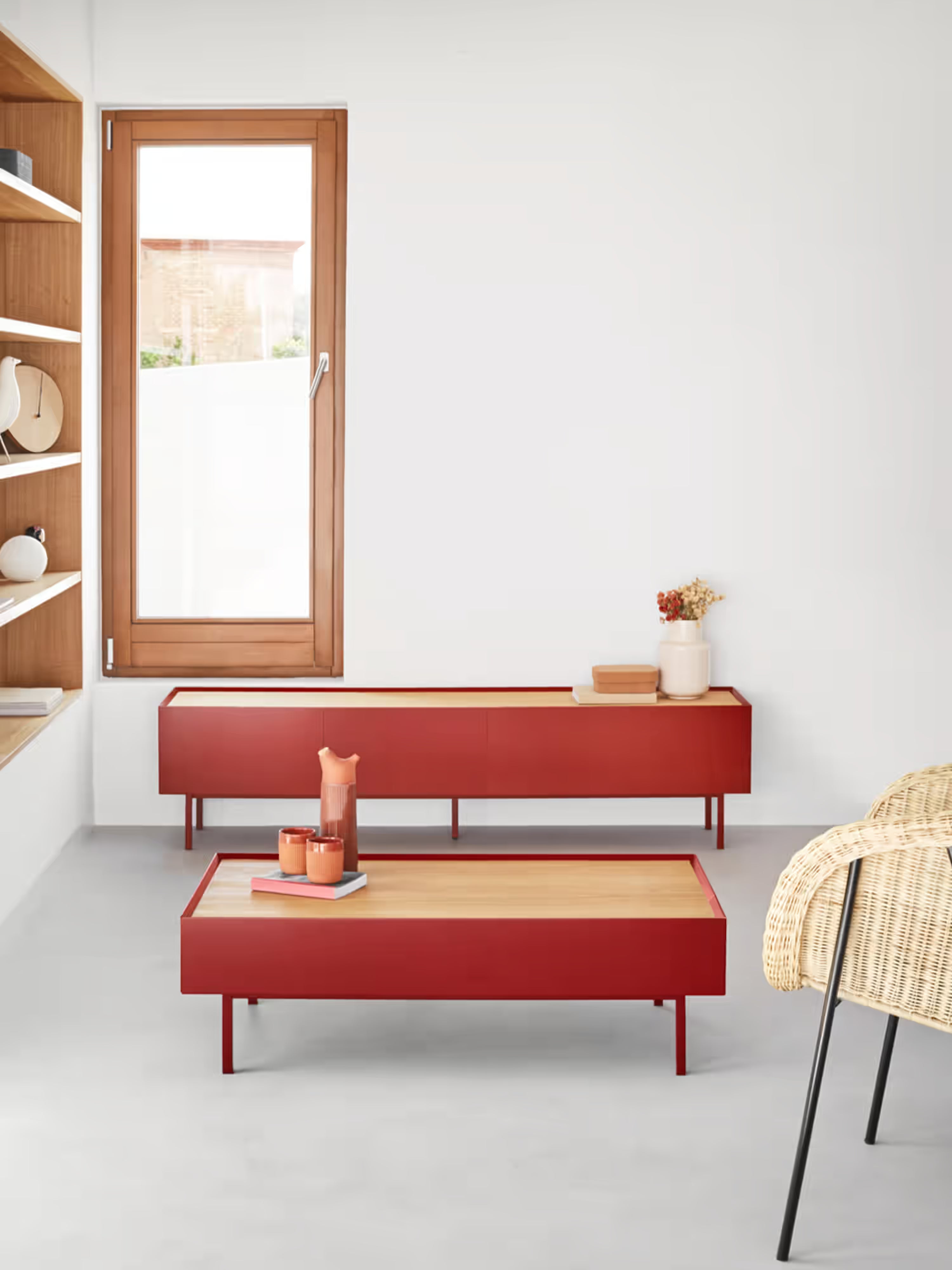 Arista TV unit in burgundy lacquered MDF and light oak | Modern design 180 x 45 cm