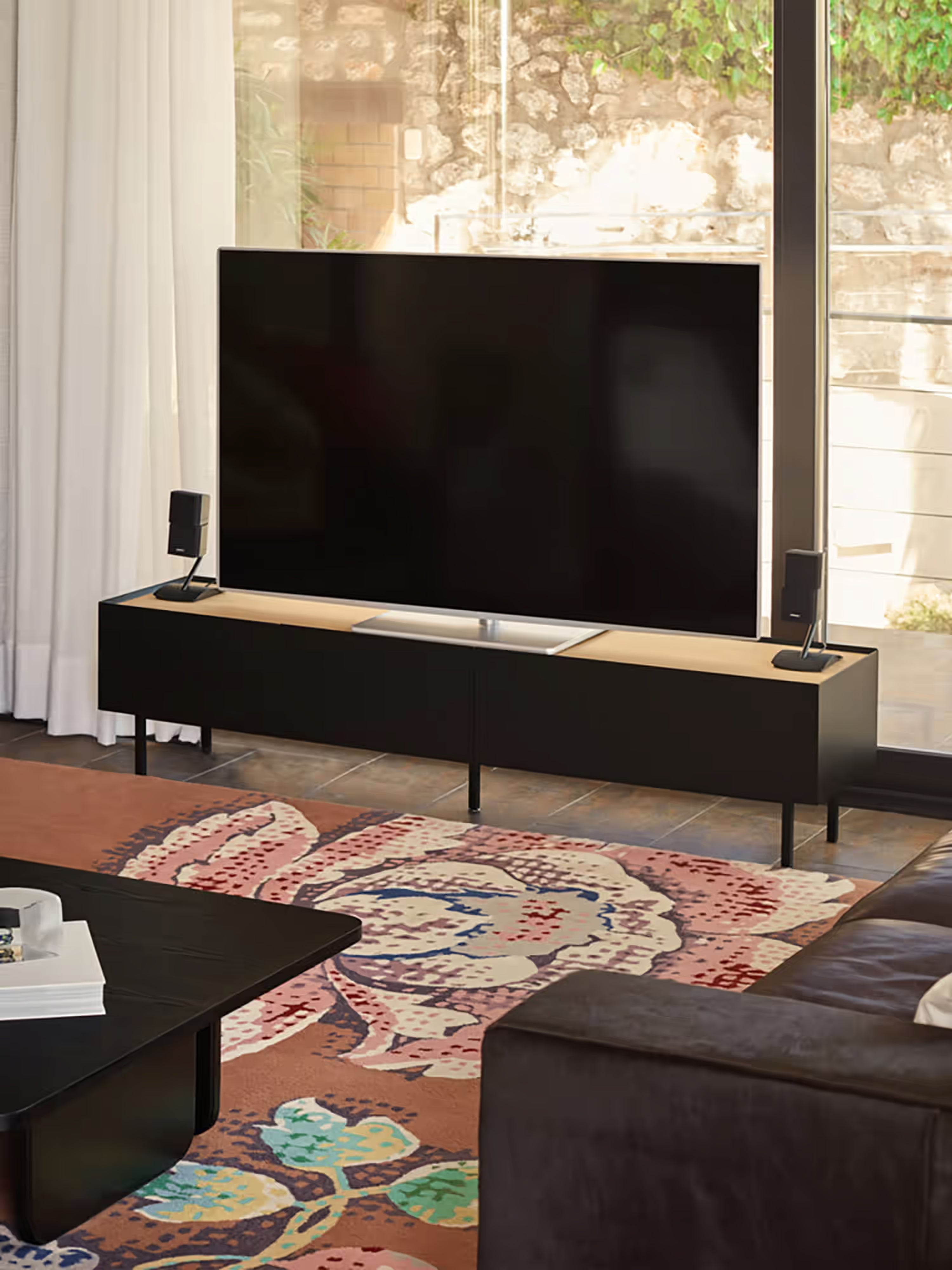 Arista TV unit in black lacquered MDF and light oak | Modern design 180 x 45 cm