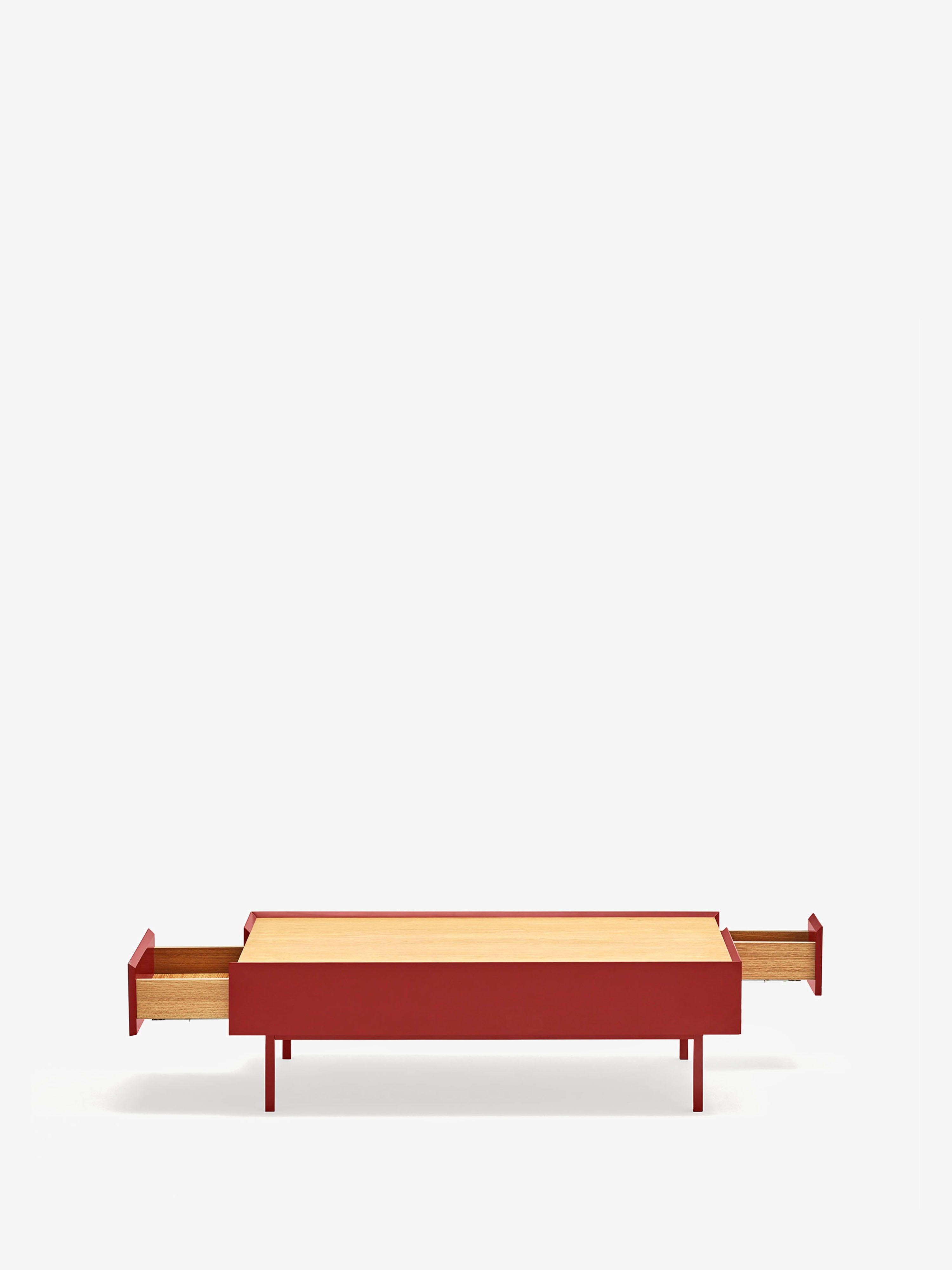 Arista Couchtisch mit 2 Schubladen in Bordeaux und Eichenplatte 110 x 34 cm