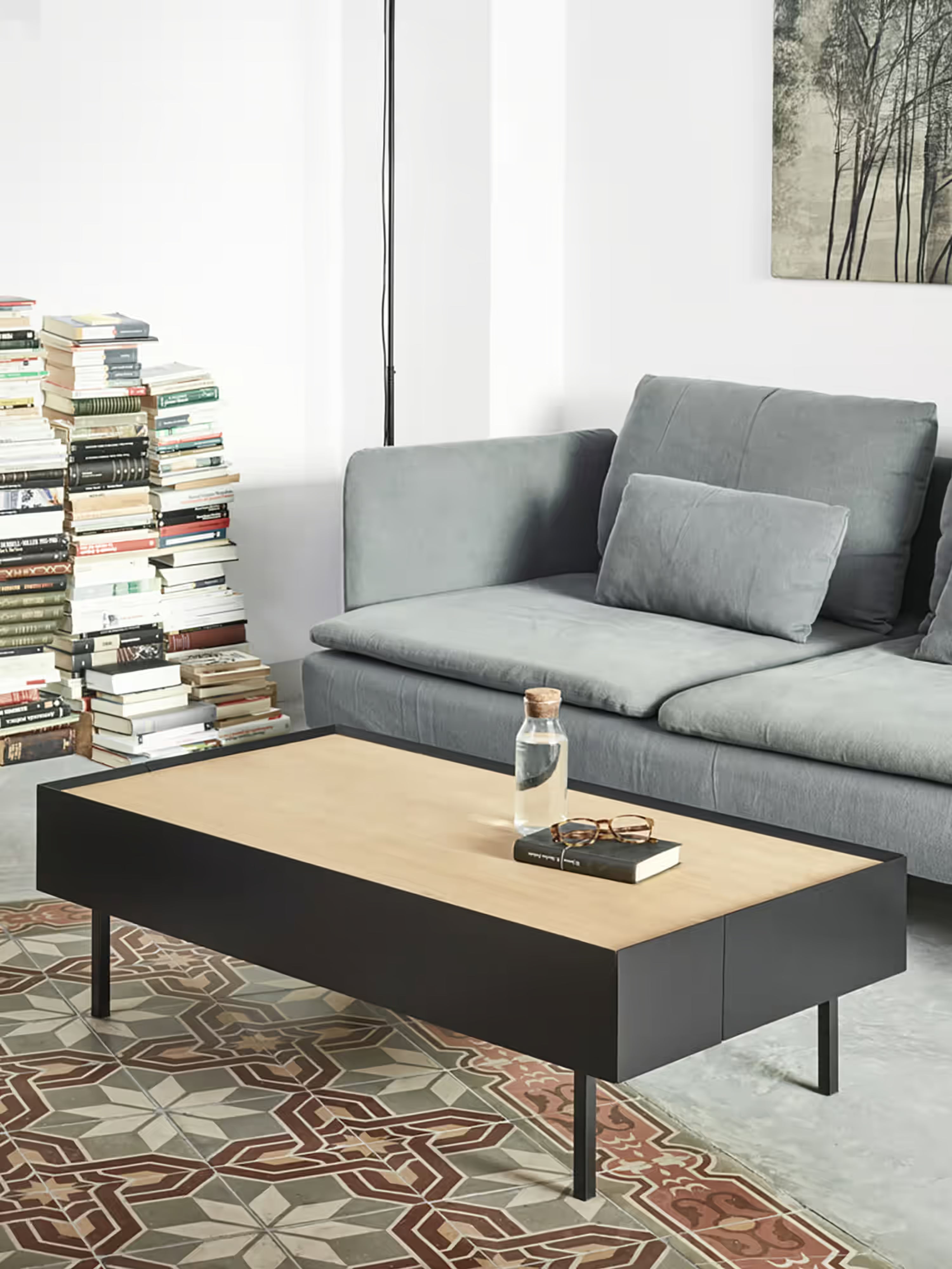 Arista tavolino da Salotto con 2 cassetti nero e piano in rovere 110 x 34 cm