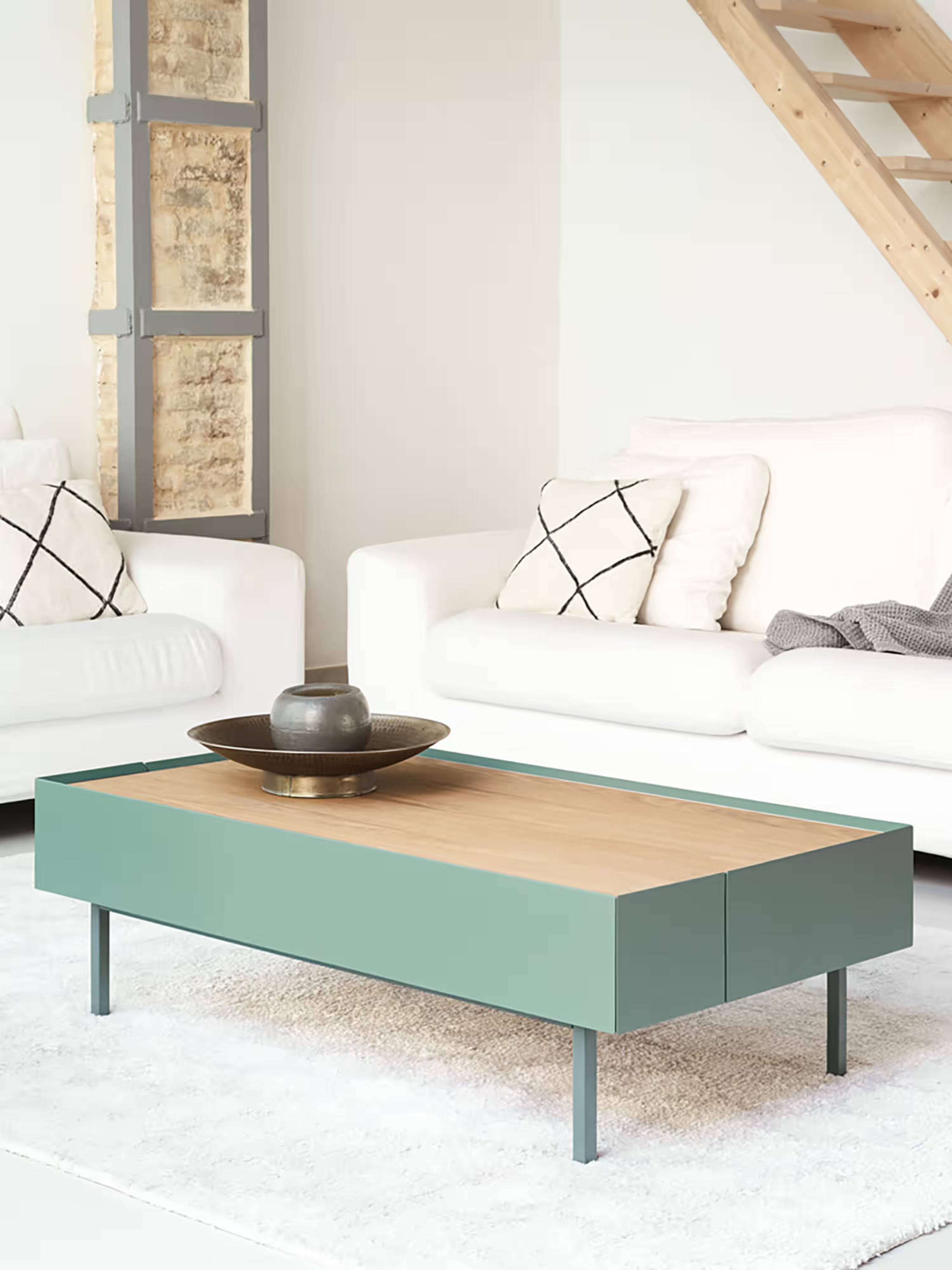 Arista tavolino da Salotto con 2 cassetti verde e piano in rovere 110 x 34 cm