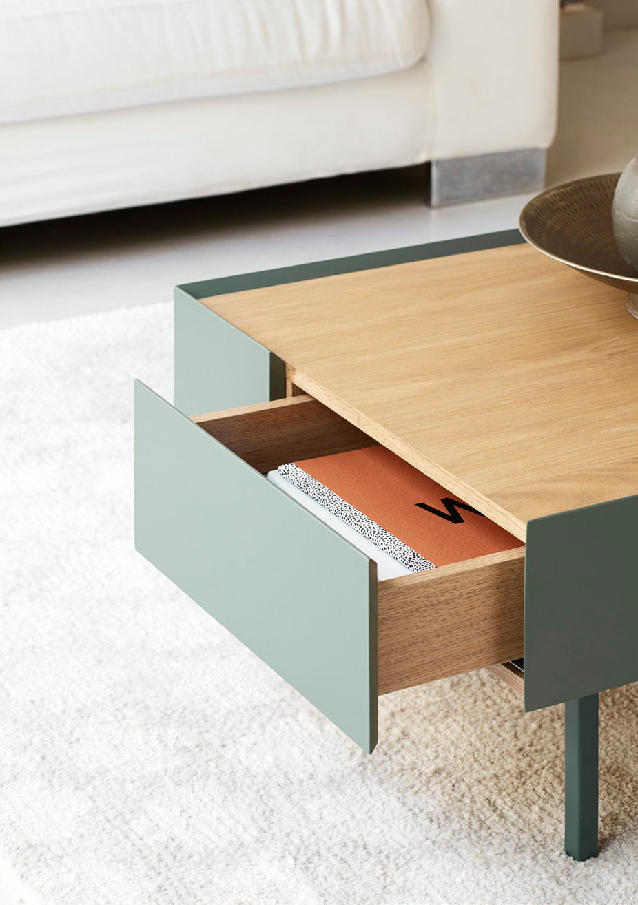 Arista Couchtisch mit 2 Schubladen in Grün und Eichenplatte 110 x 34 cm