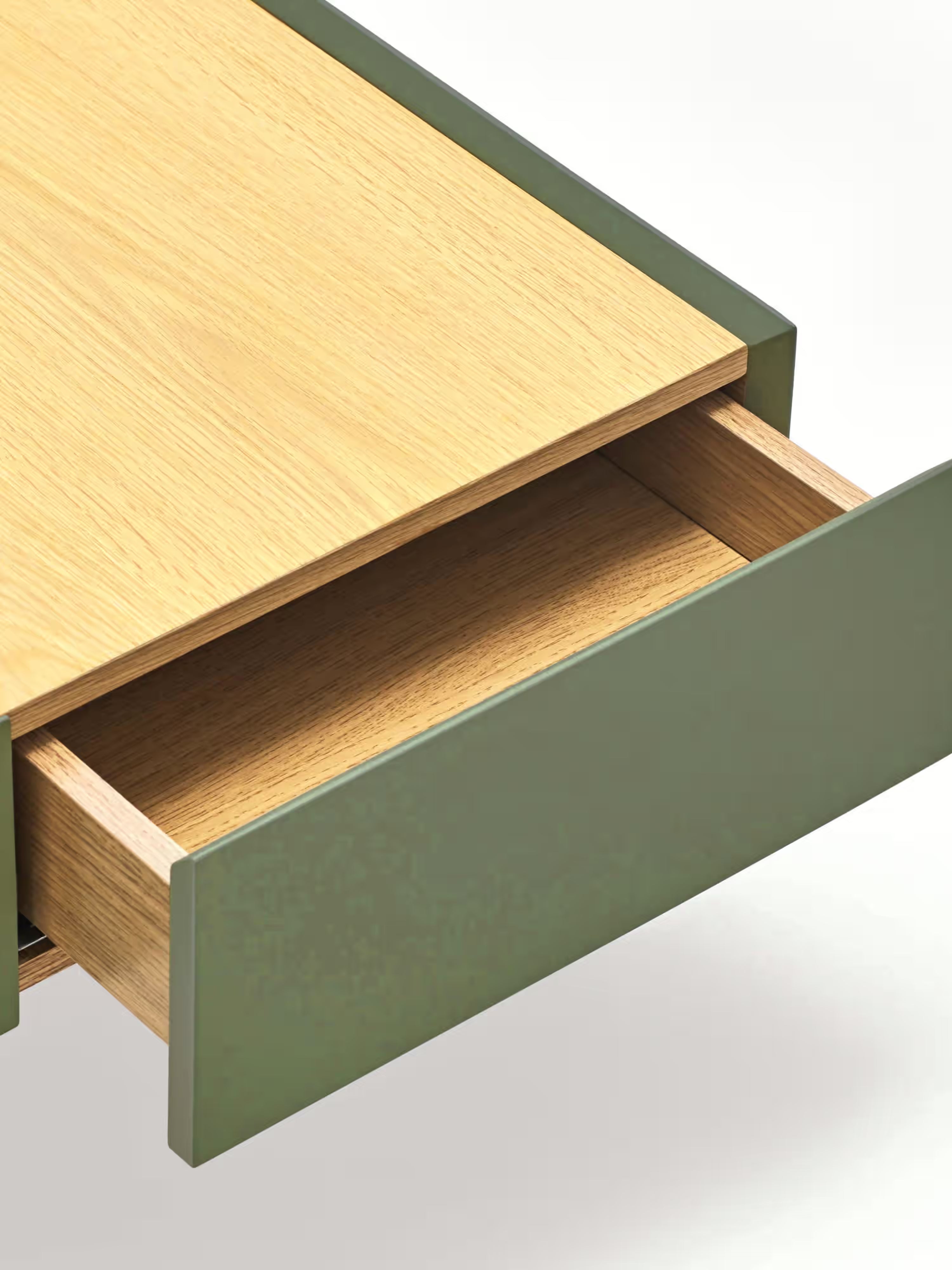 Arista Couchtisch mit 2 Schubladen in Grün und Eichenplatte 110 x 34 cm