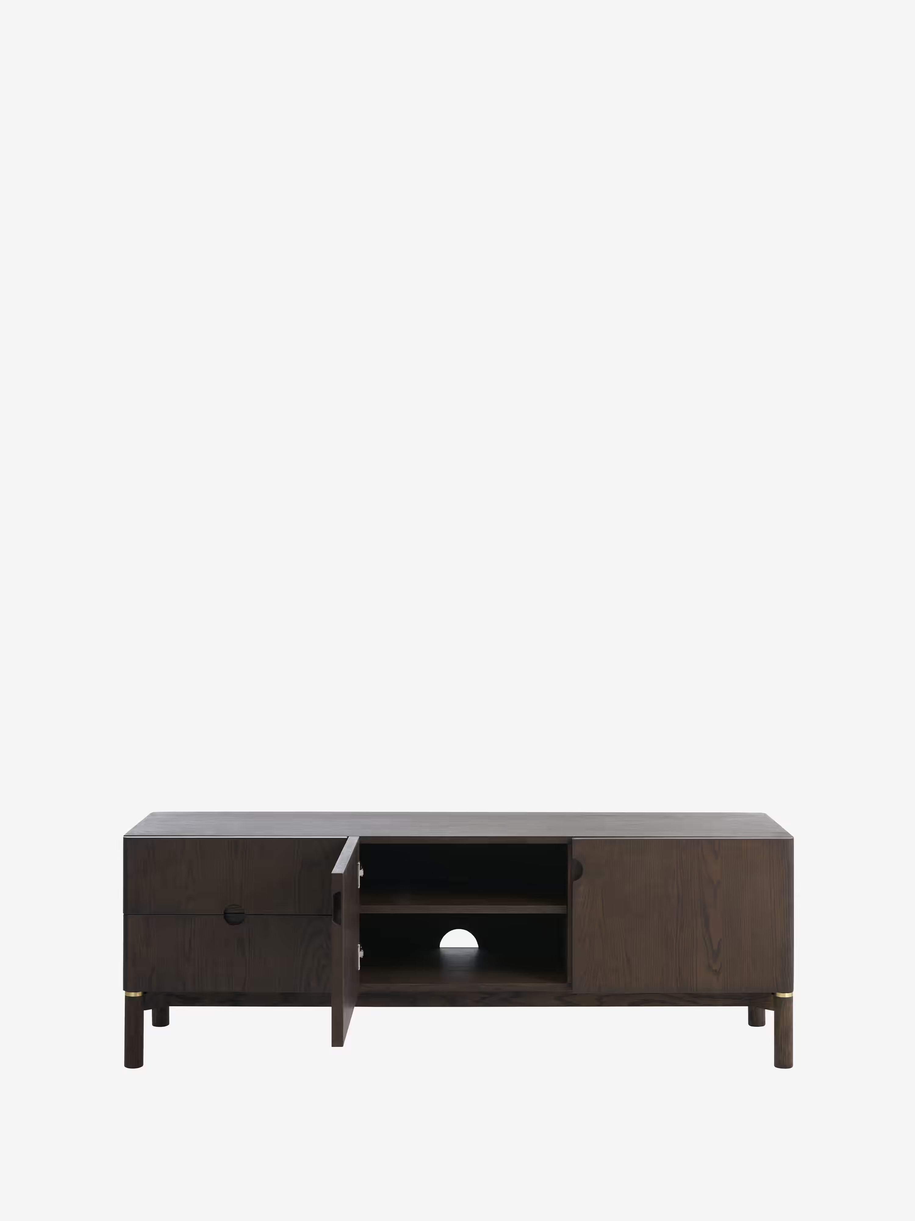 Mueble TV Arun en madera maciza oscura y acabados de latón 160 x 55 cm