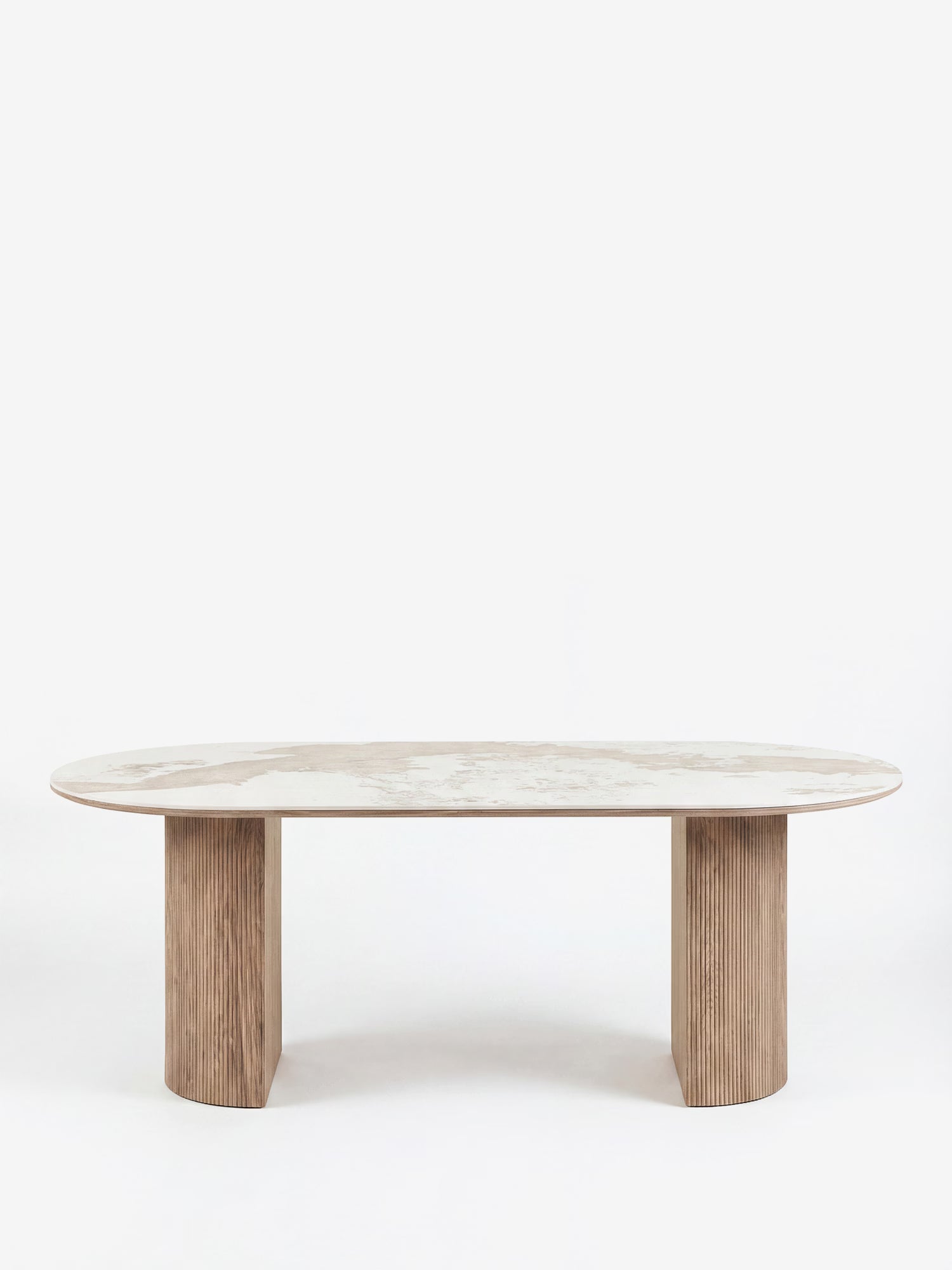 Athens Mesa de comedor ovalada con sobre de cerámica blanca efecto mármol y base de madera