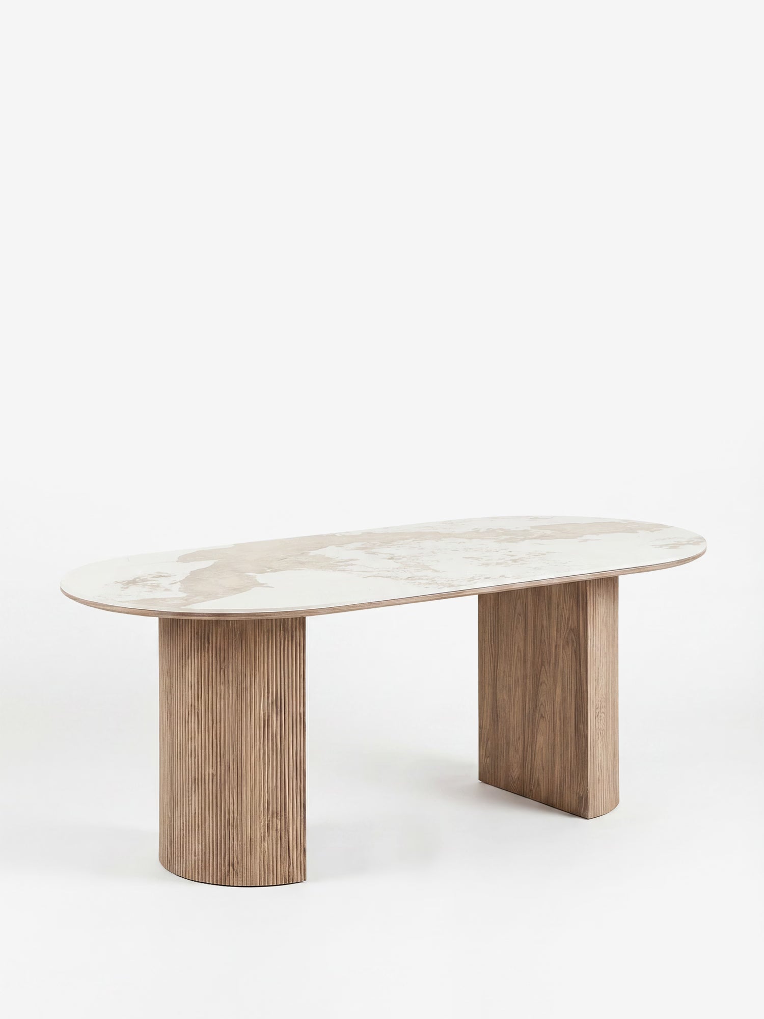 Athens Mesa de comedor ovalada con sobre de cerámica blanca efecto mármol y base de madera