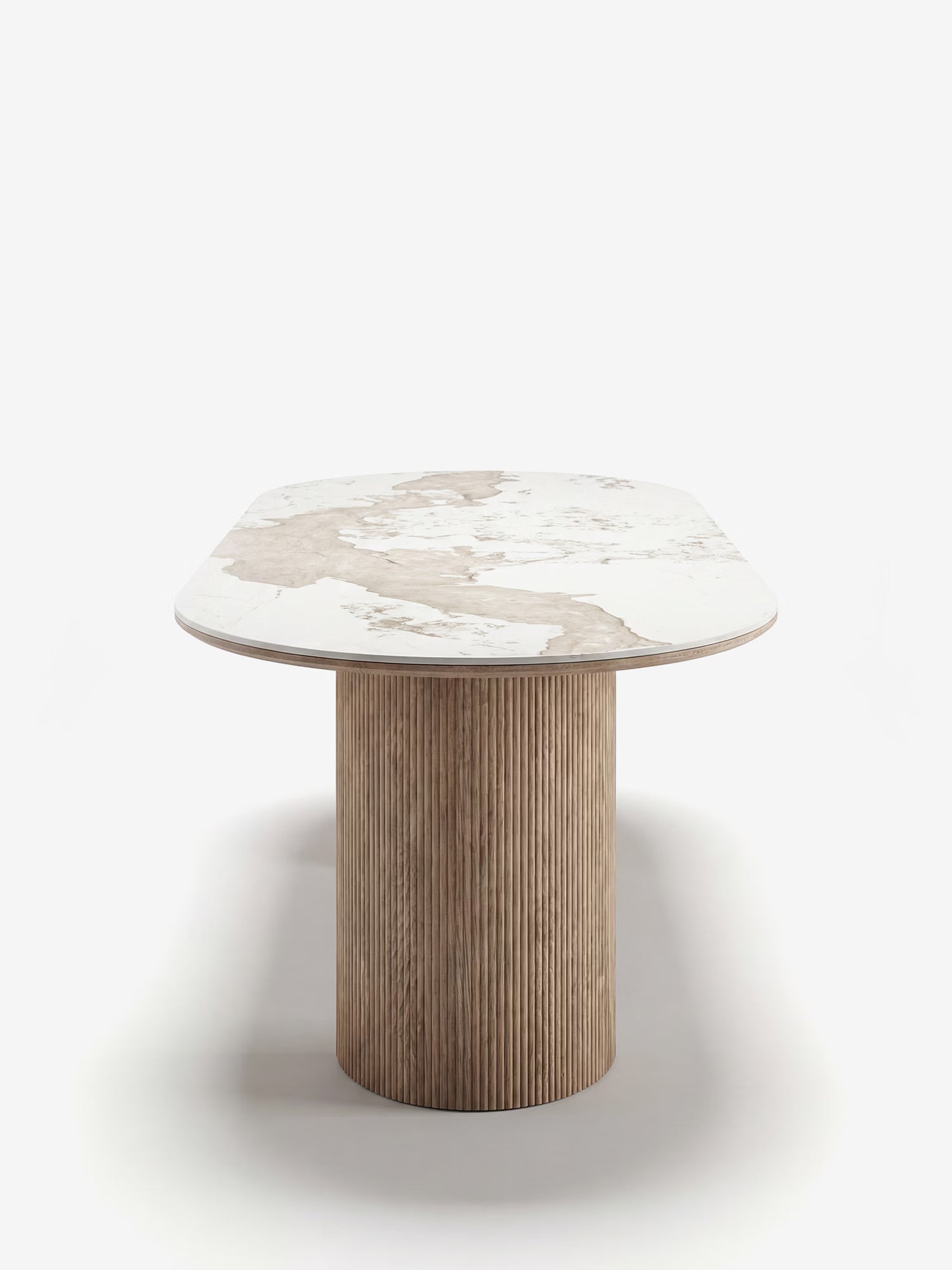 Athens Mesa de comedor ovalada con sobre de cerámica blanca efecto mármol y base de madera