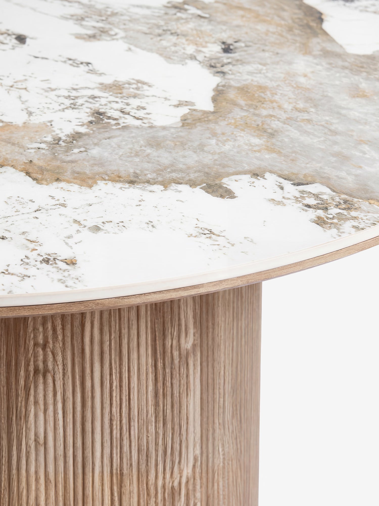 Athens Mesa de comedor redonda con sobre de cerámica blanca efecto mármol y base cilíndrica efecto madera