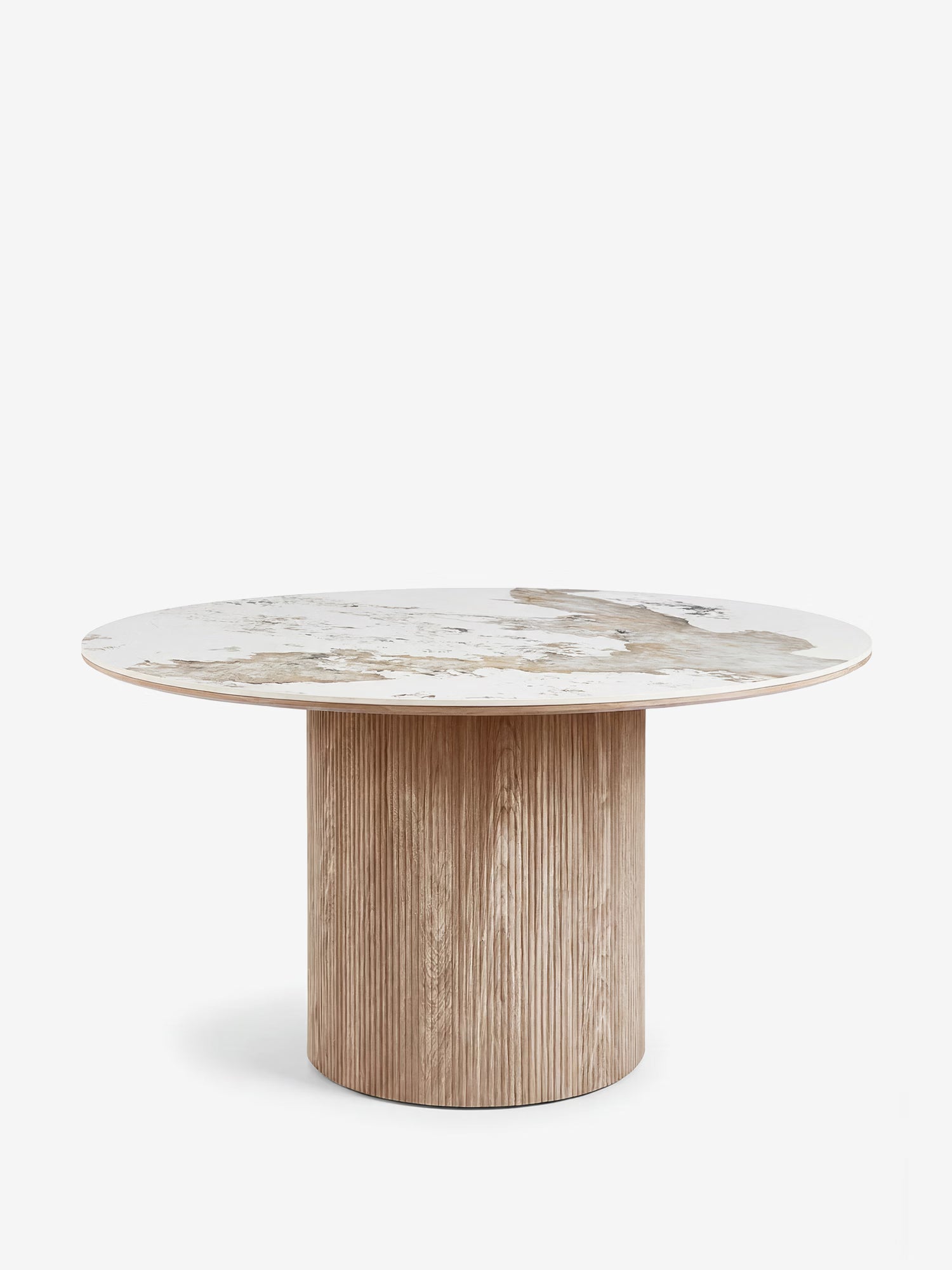 Athens Mesa de comedor redonda con sobre de cerámica blanca efecto mármol y base cilíndrica efecto madera