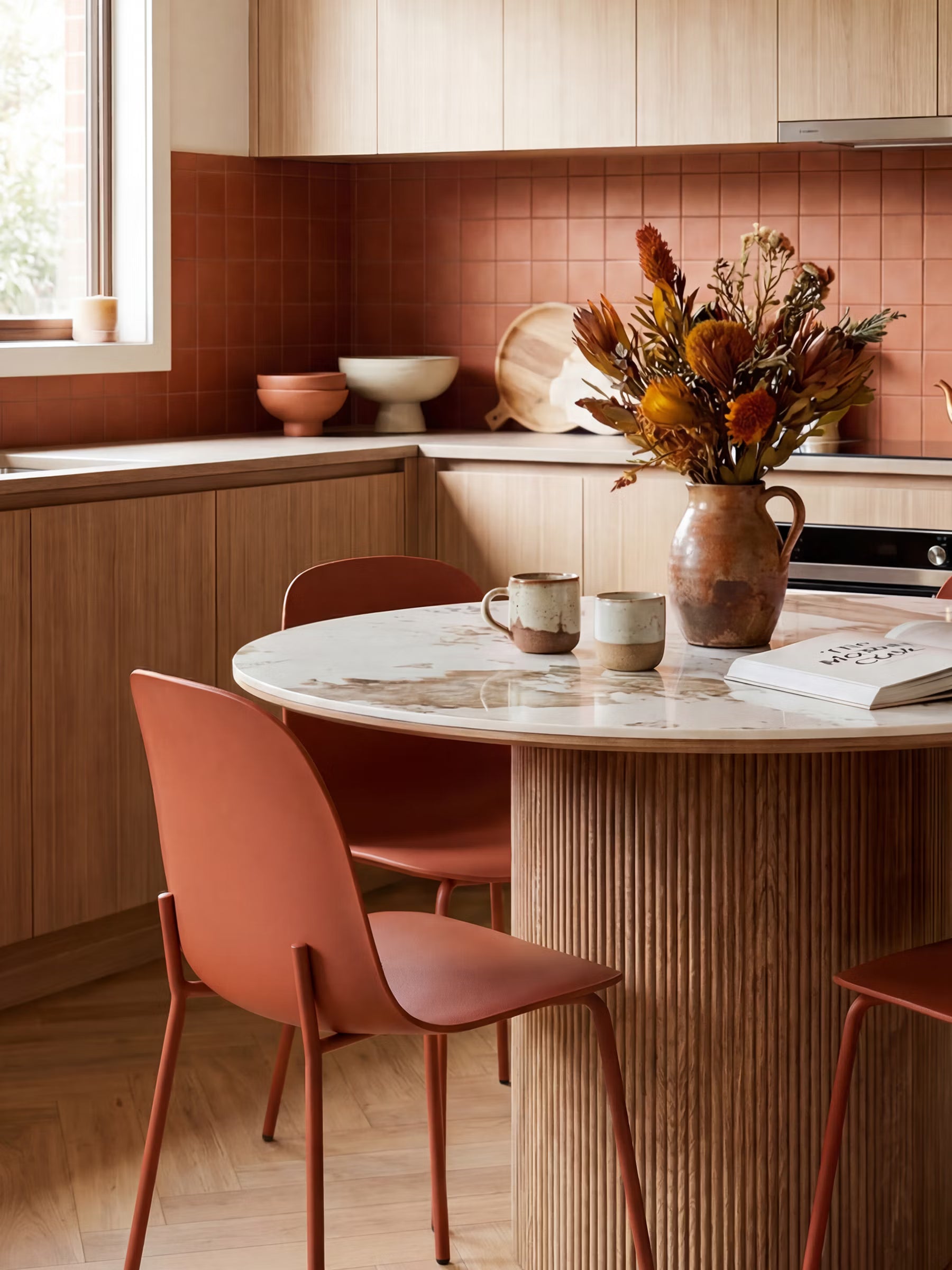 Athens Mesa de comedor redonda con sobre de cerámica blanca efecto mármol y base cilíndrica efecto madera