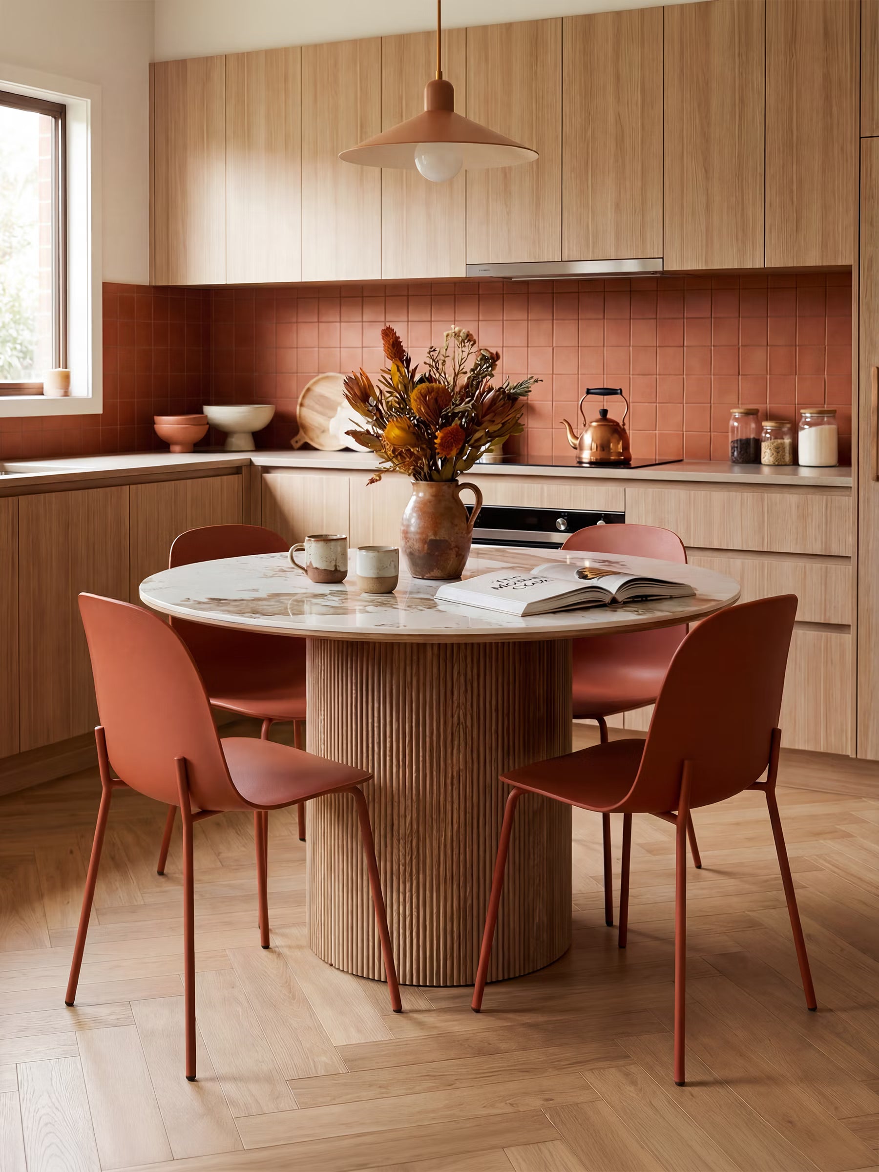 Athens Mesa de comedor redonda con sobre de cerámica blanca efecto mármol y base cilíndrica efecto madera
