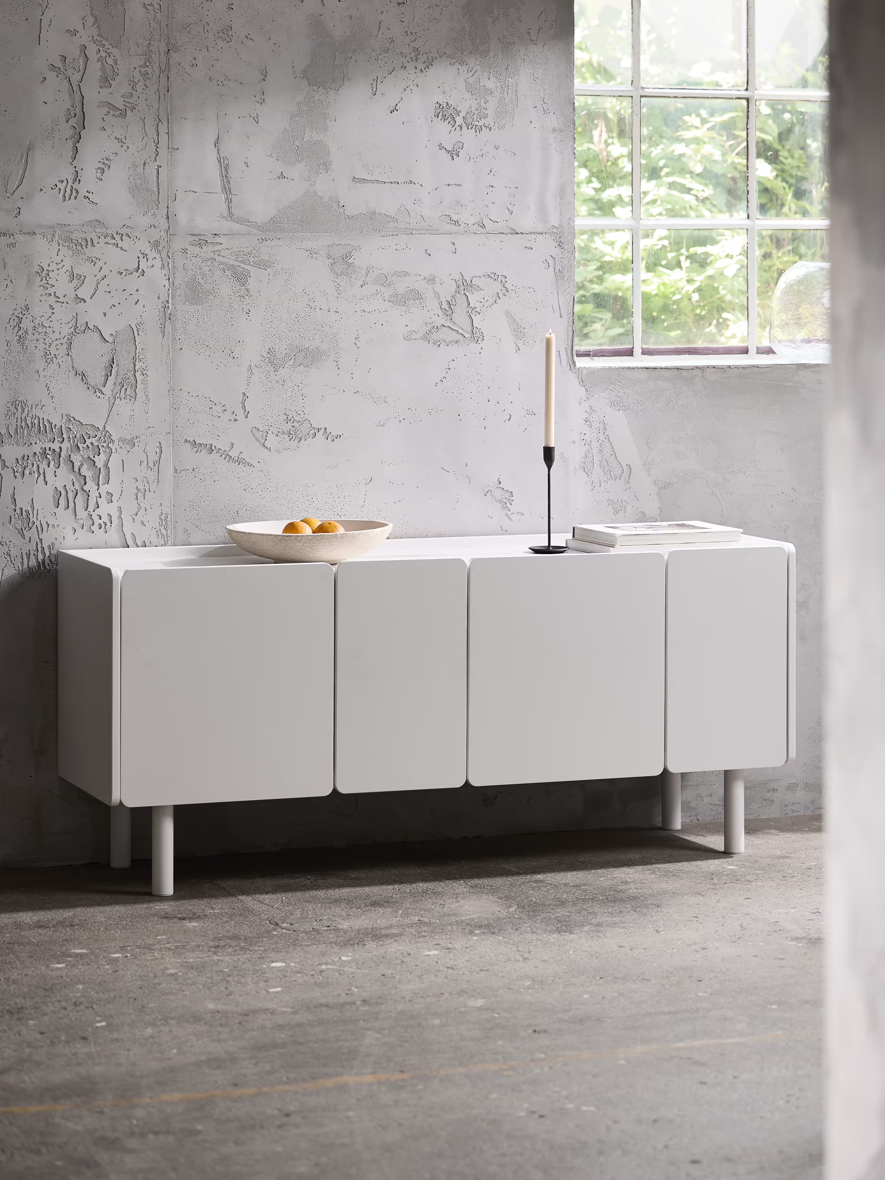 Bera white sideboard with metal legs – modern 4-door cabinet 160 x 70 cm