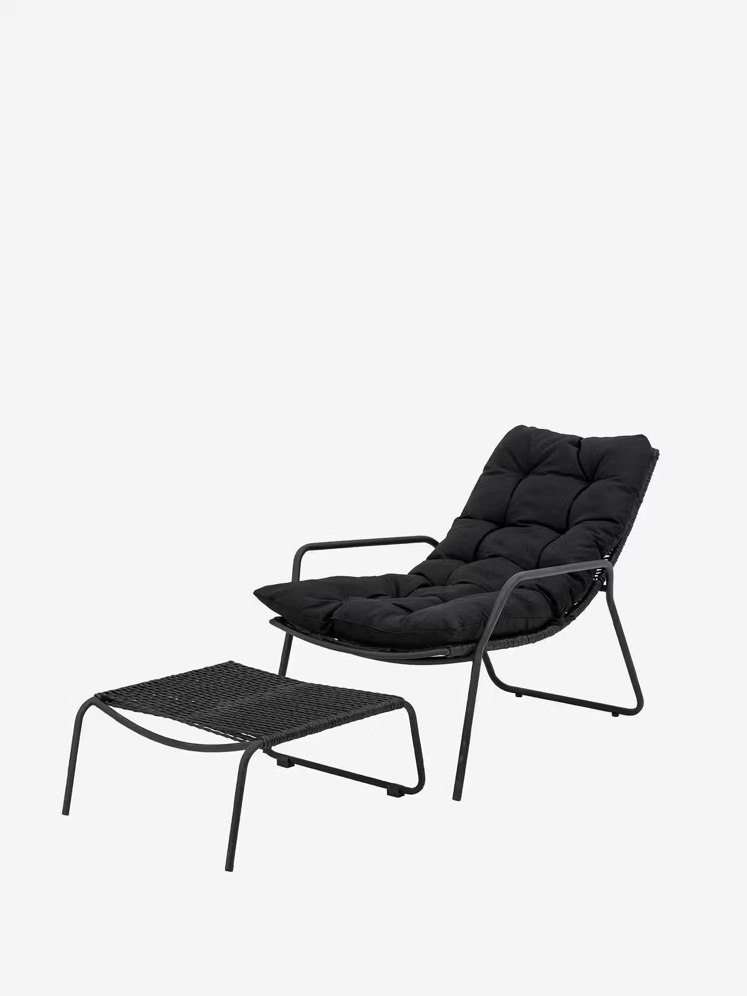 Boel Poltrona relax da esterno con poggiapiedi in metallo nero e corda intrecciata