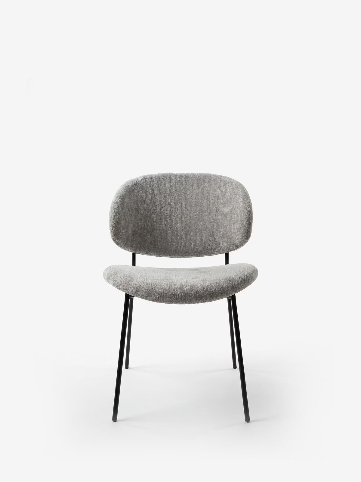 Bruma chair in elegant grey fabric with black metal legs - minimalist design and wraparound backrest