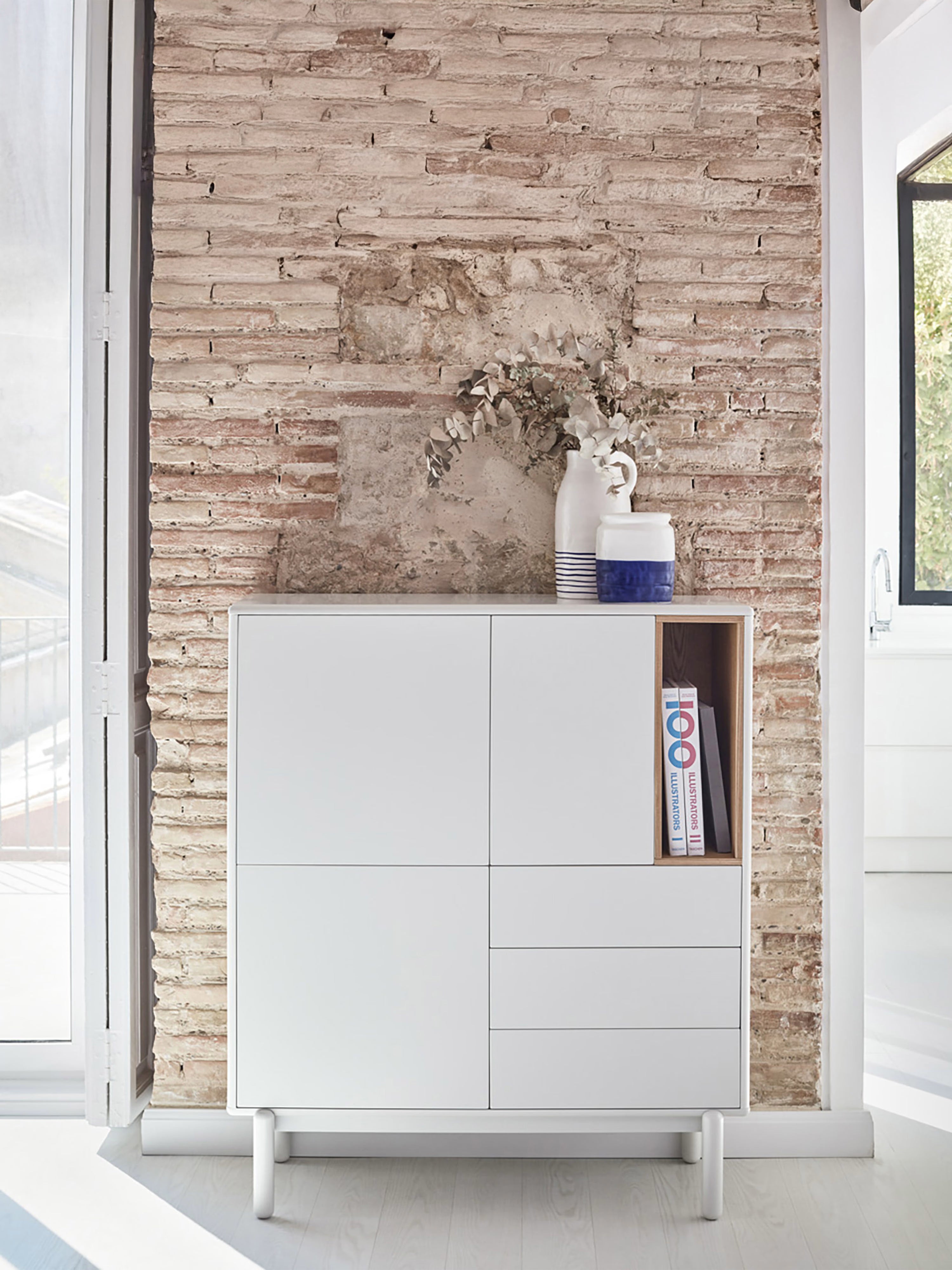 Corvo tall sideboard in cream and natural oak - solid wood base 100 x 120 cm