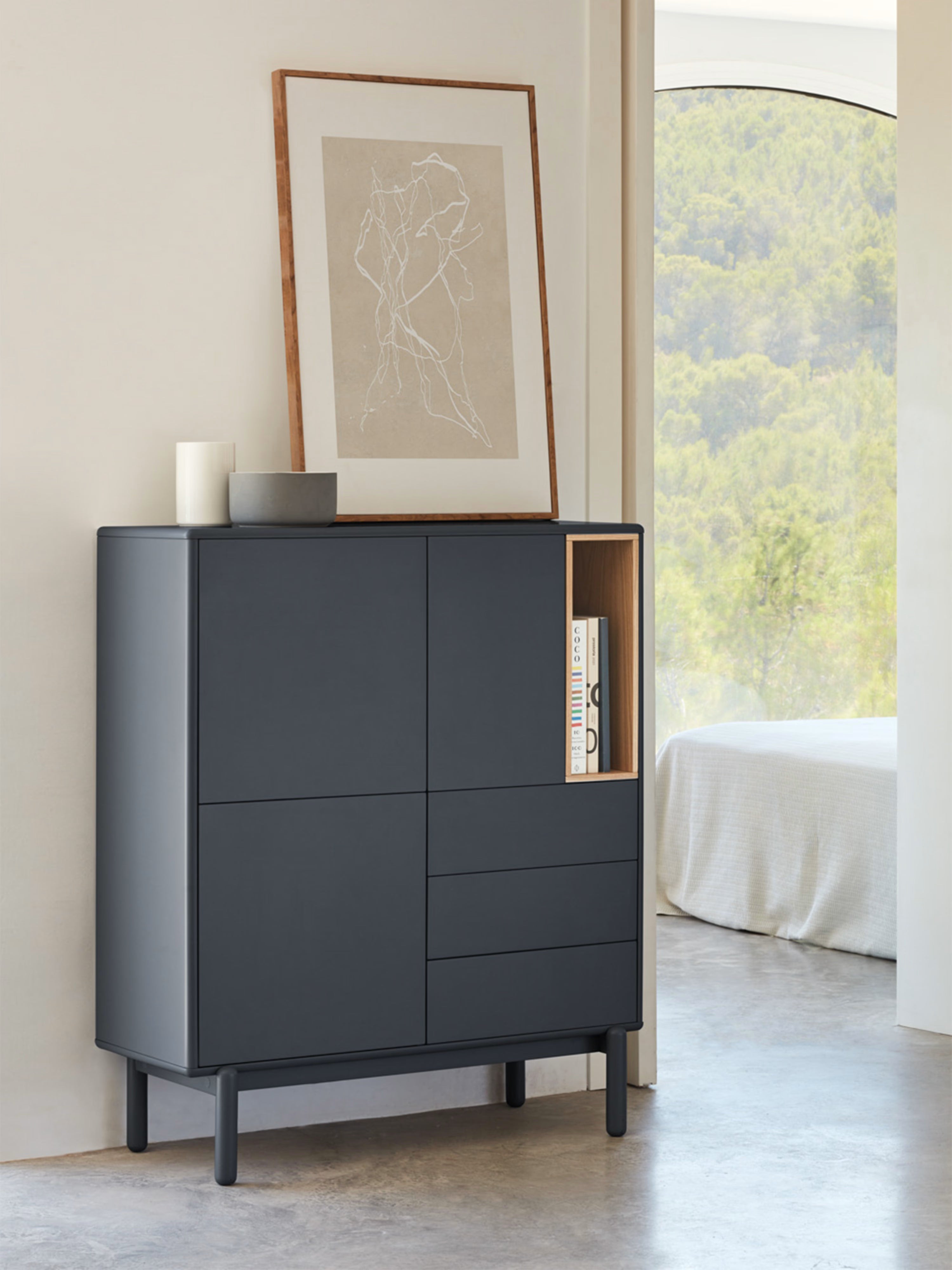 Corvo tall sideboard in anthracite gray and natural oak - solid wood base 100 x 120 cm