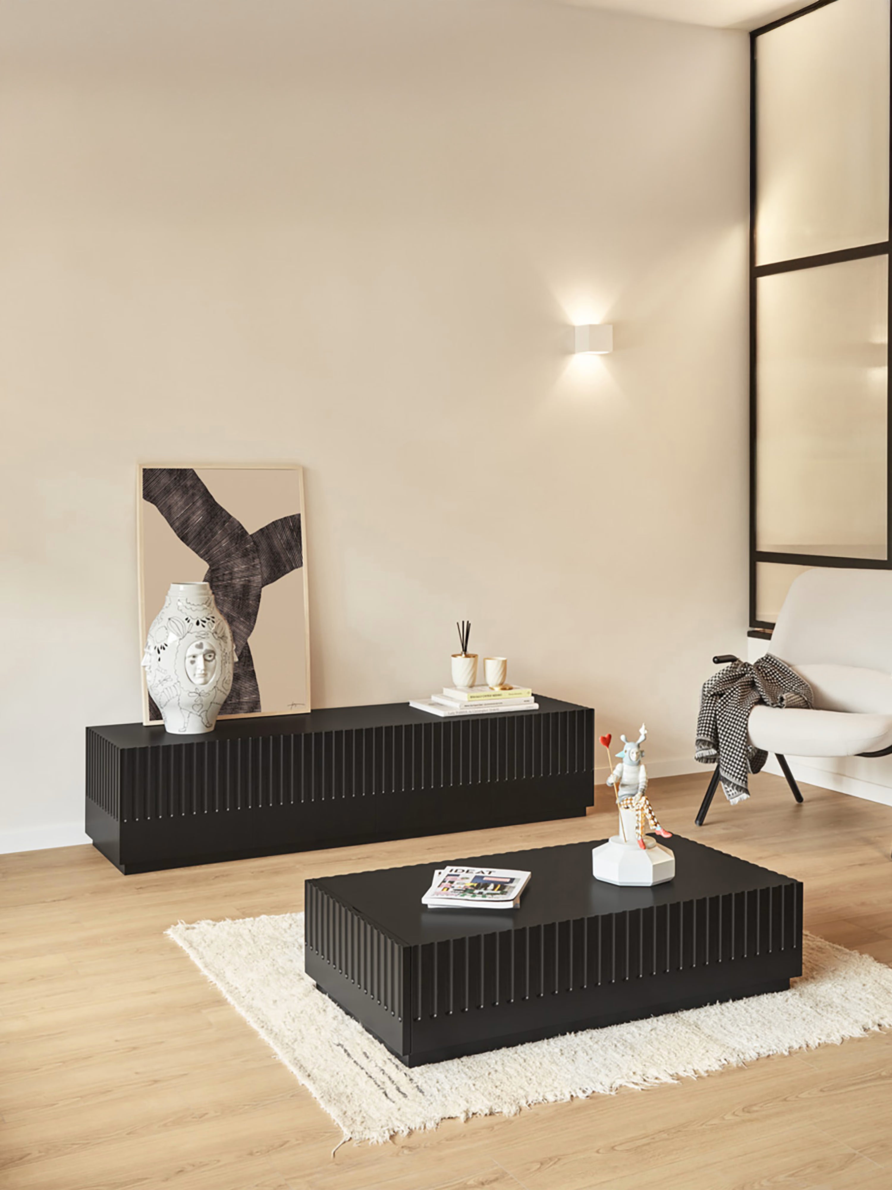 Doric mueble de TV minimalista de 4 puertas y 2 cajones en MDF negro 182 x42 cm