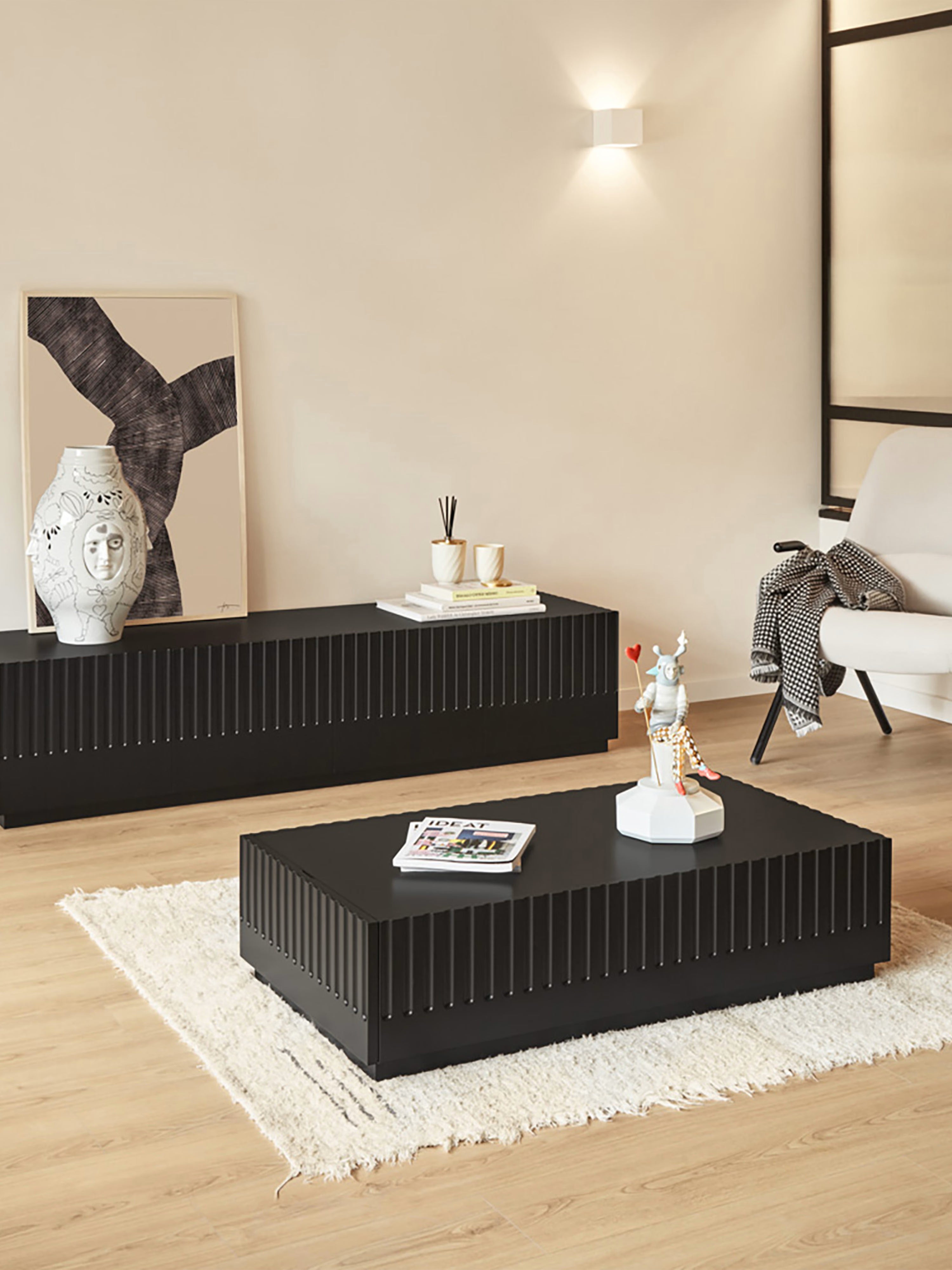 Doric tavolino da salotto mdf laccato nero - 2 cassetti estraibili 110 x 28 cm