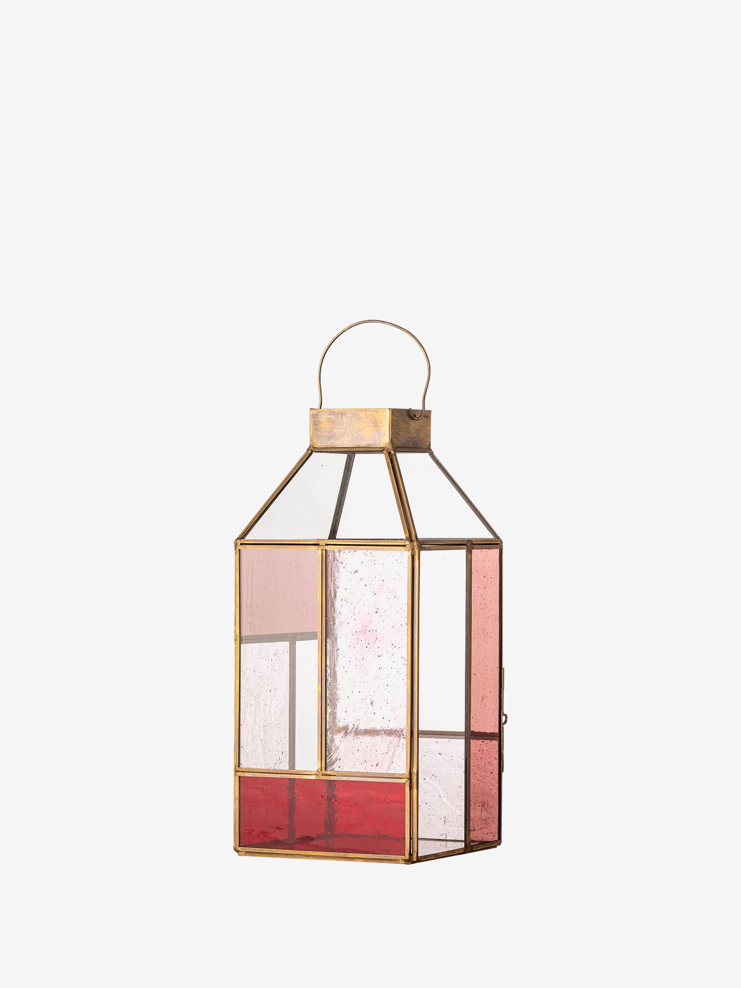 Drew dekorative Laterne aus rosa Glas mit Gestell aus Messingmetall