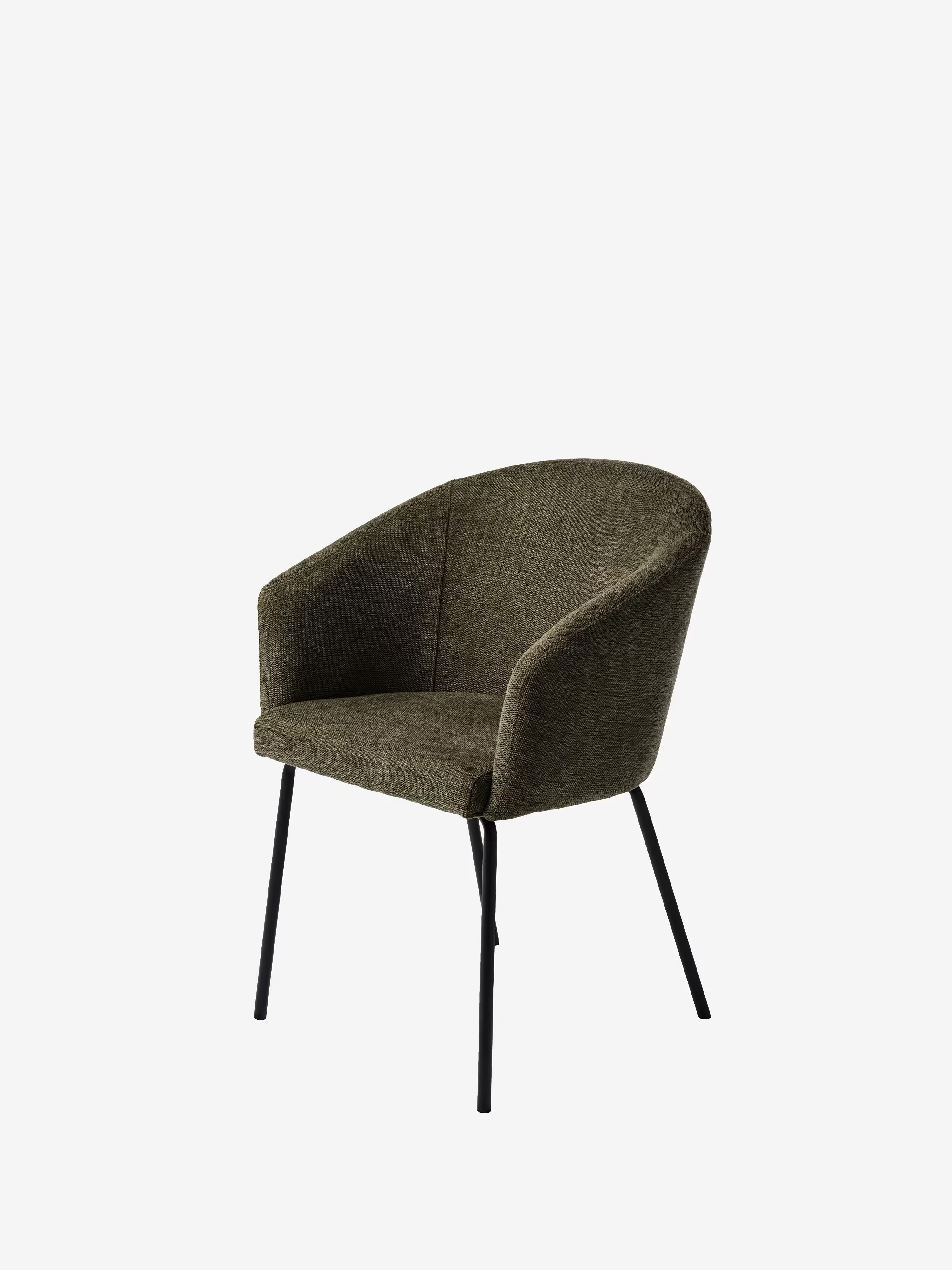 Easton Upholstered chair in fabric with enveloping design, armrests, and black metal legs