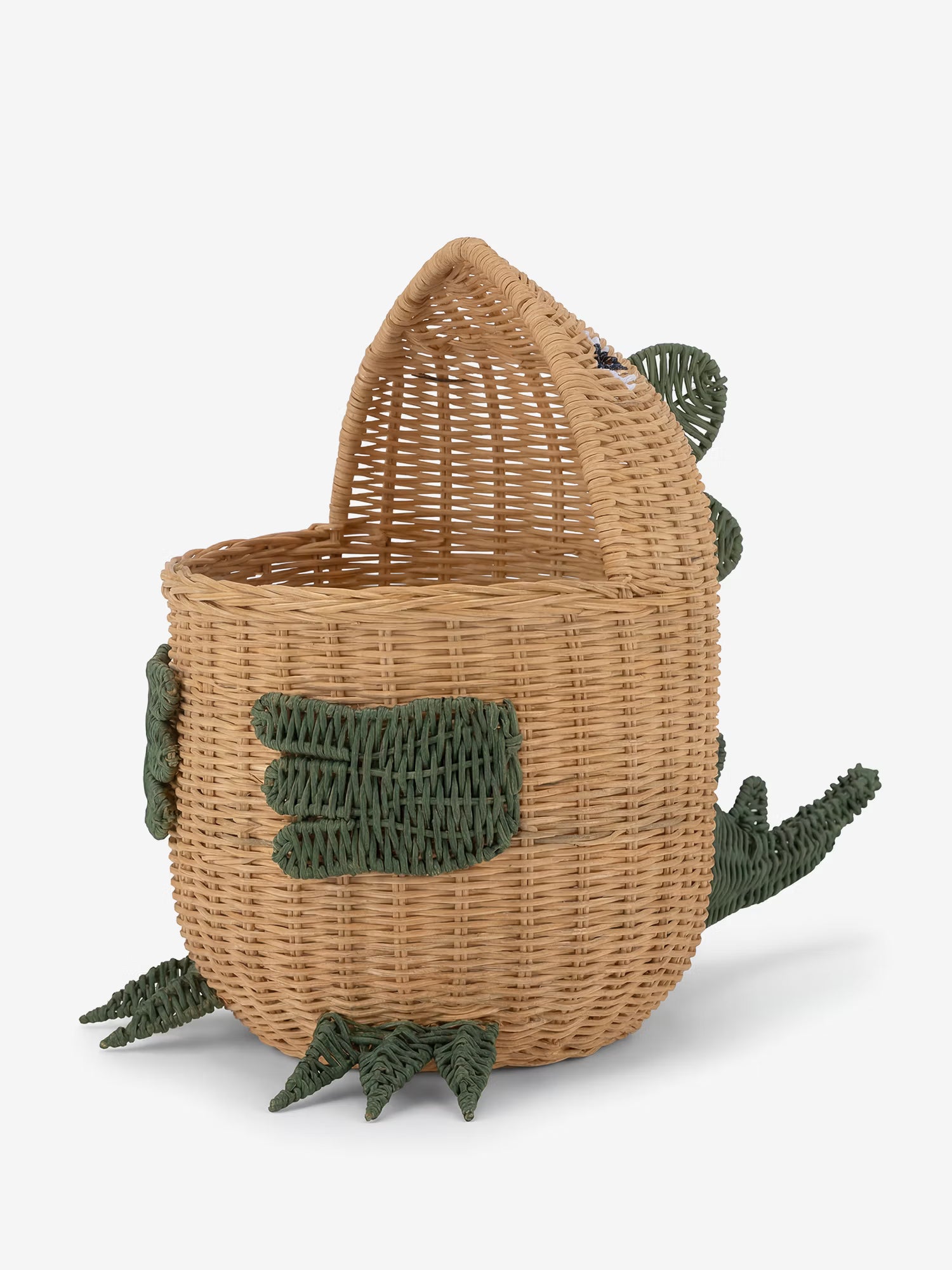 Eddi Natural rattan storage basket shaped like a dinosaur