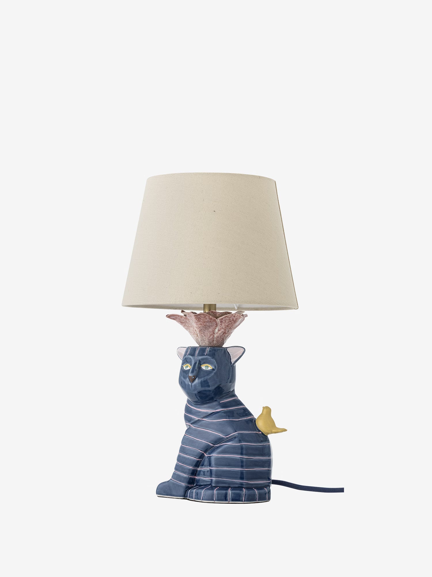 Eri Lampada da tavolo in gres blu con paralume in lino - design felino figurativo dipinto a mano