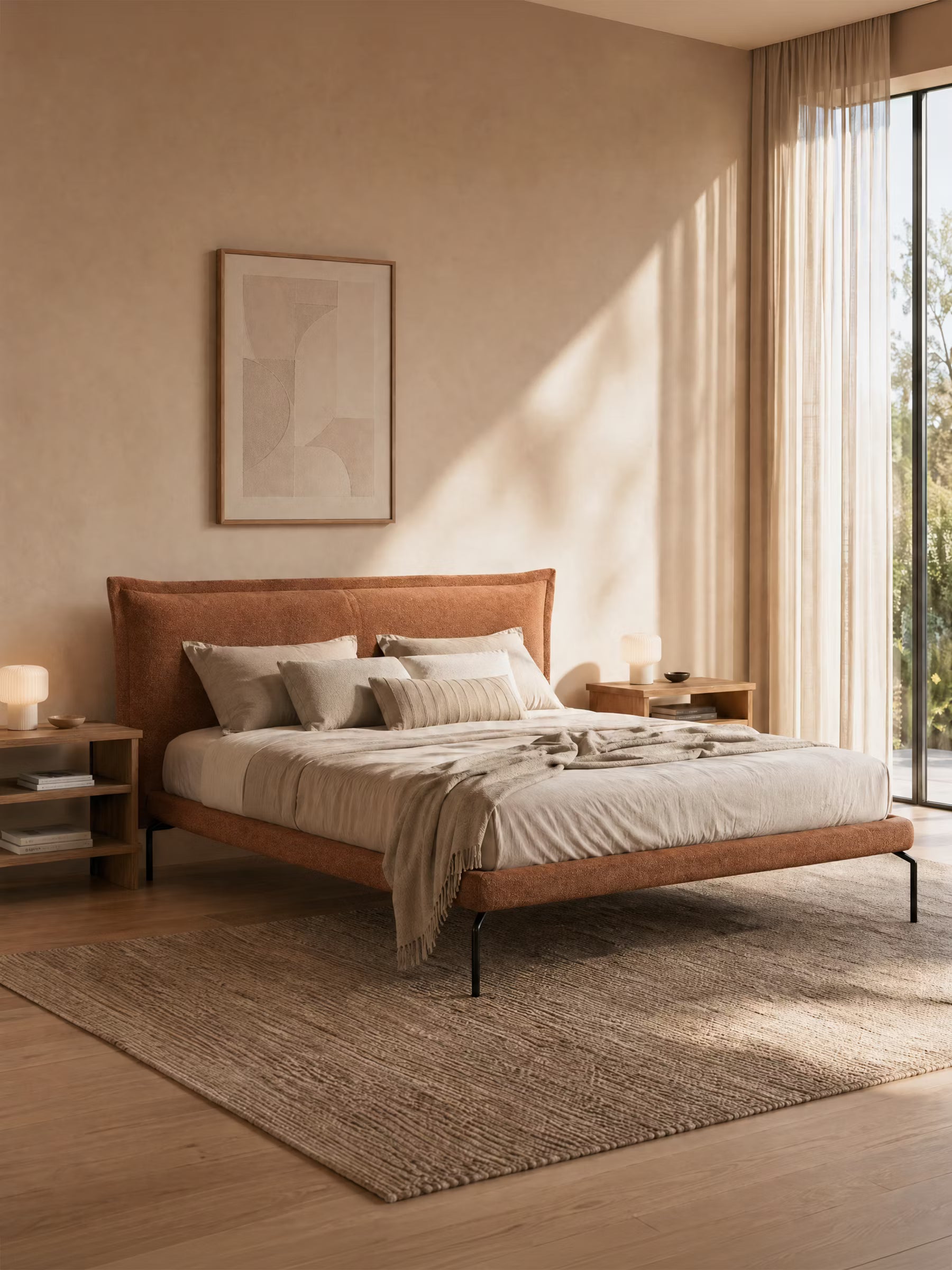 Eric Upholstered removable cover bed with steel legs in stain-resistant fabric