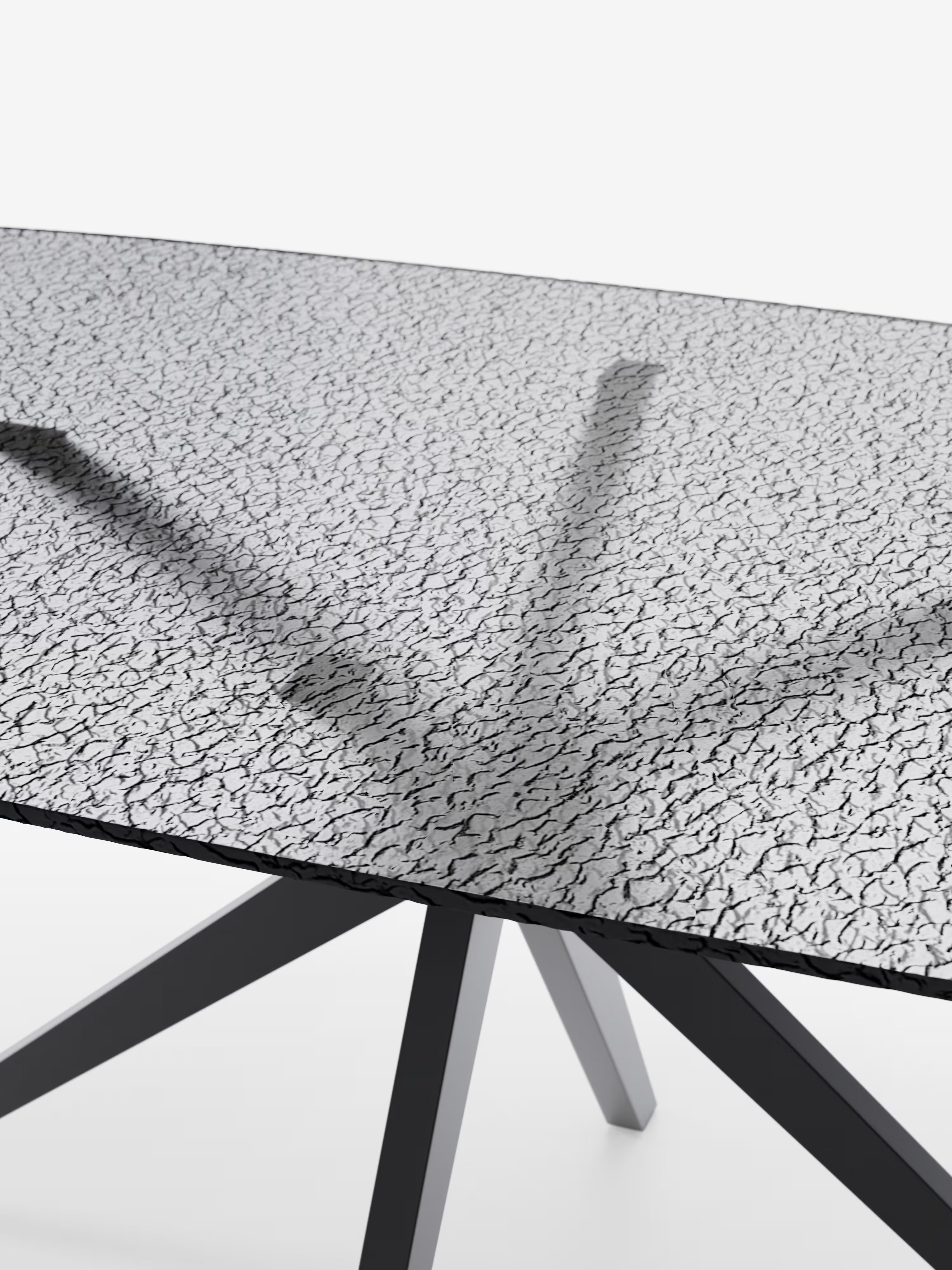 Fever Designer table with hammered smoked glass top – black metal base 180 x 100 cm
