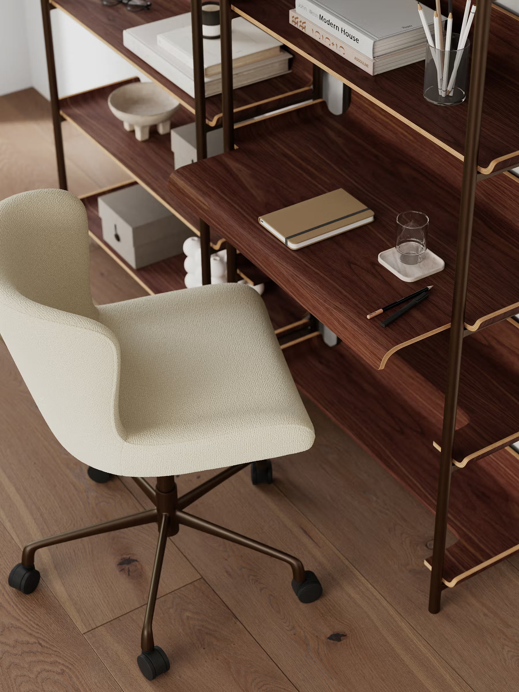Glam Swivel office chair in bouclé fabric with five-star metal base