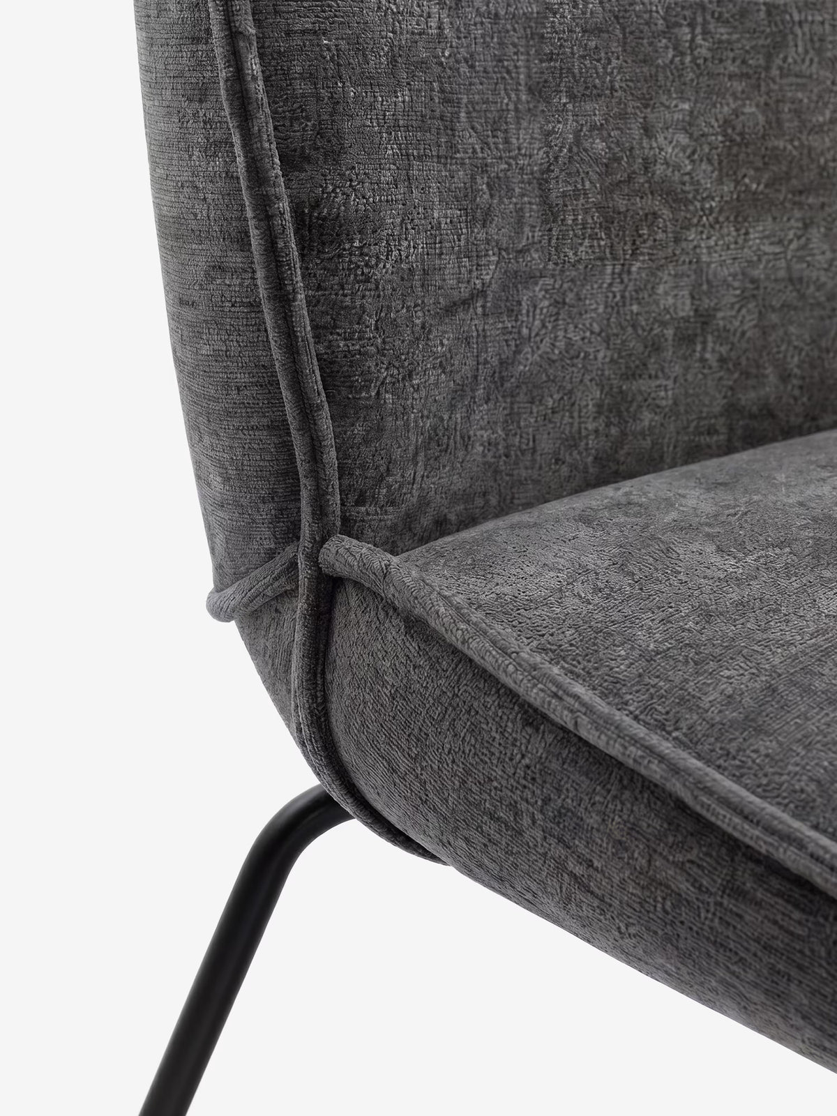Iride upholstered chair in soft blue chenille fabric with black metal frame