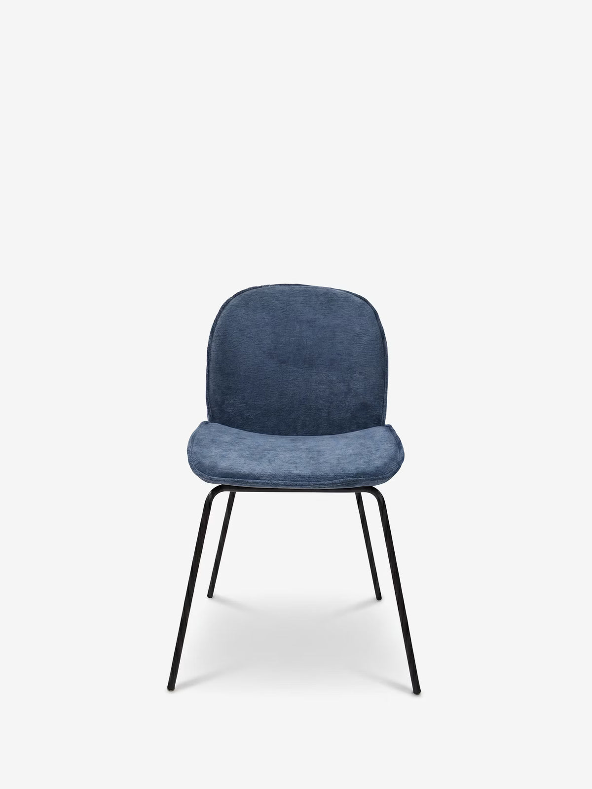 Iride upholstered chair in soft blue chenille fabric with black metal frame