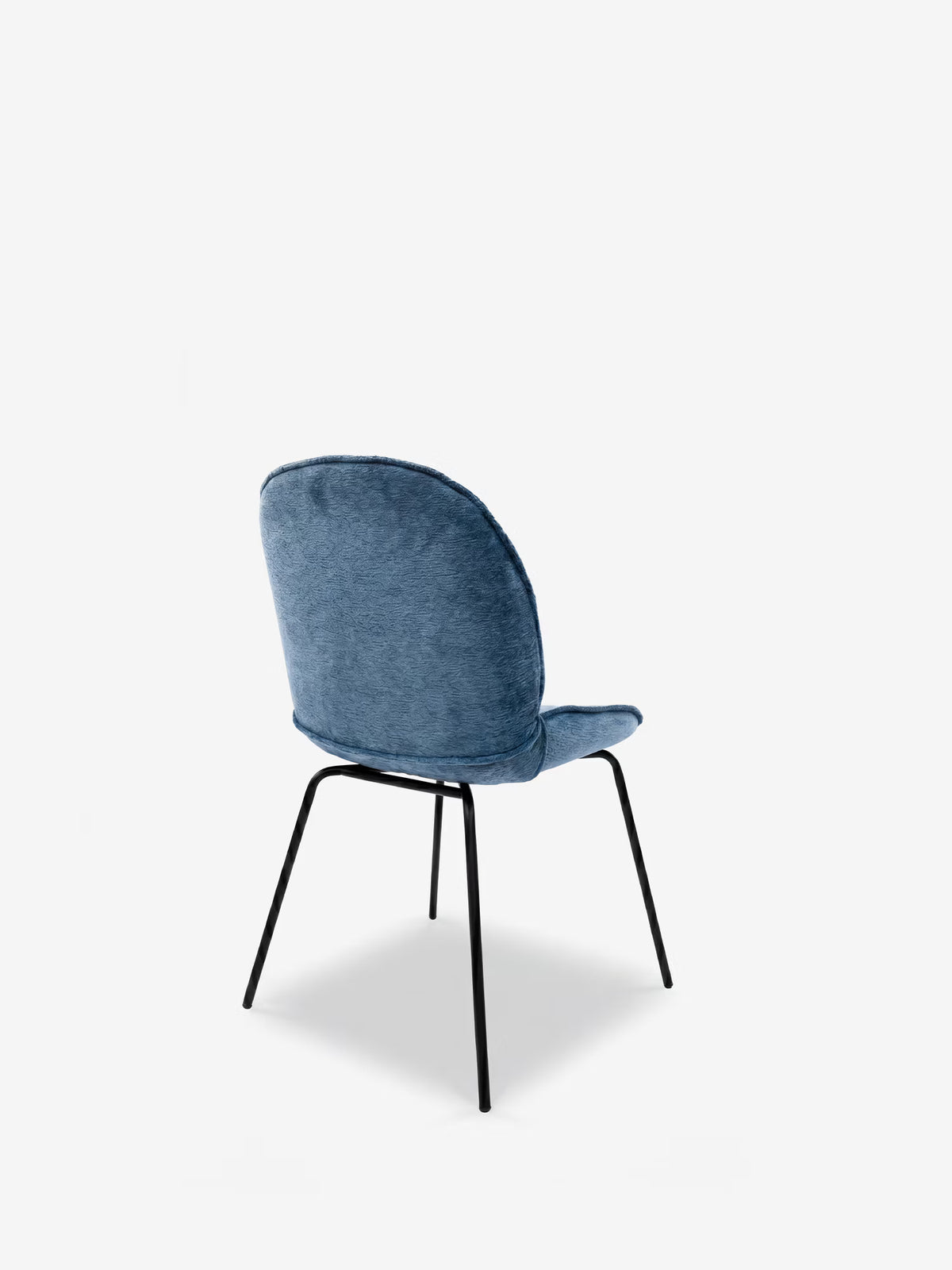 Iride upholstered chair in soft blue chenille fabric with black metal frame