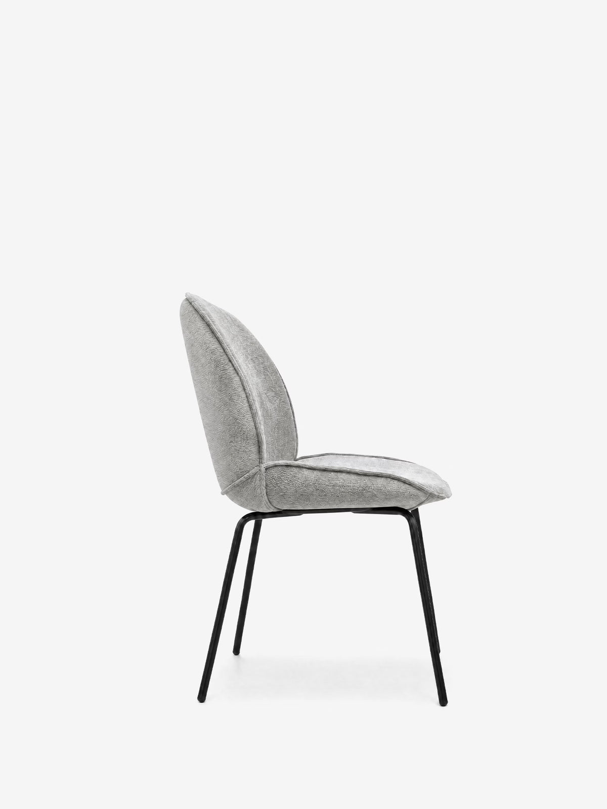 Iride upholstered chair in soft blue chenille fabric with black metal frame