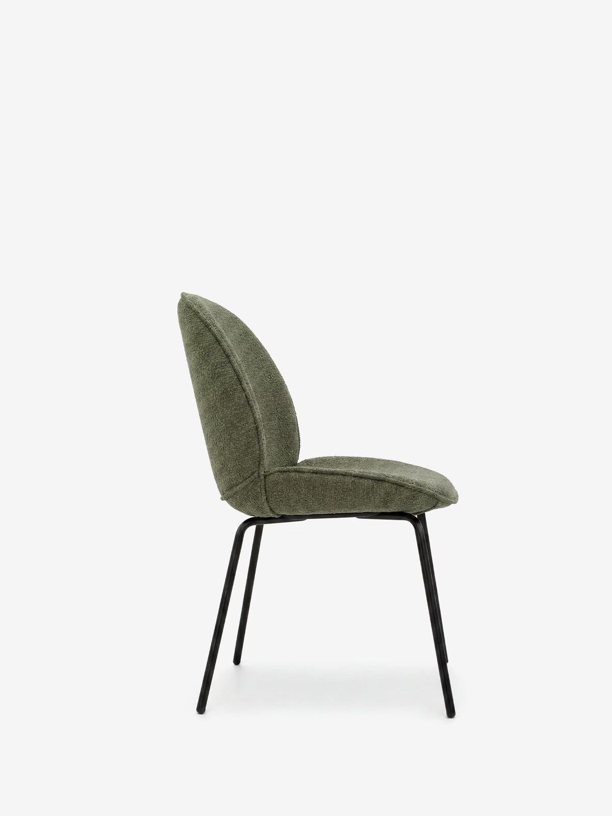 Iride upholstered chair in soft blue chenille fabric with black metal frame