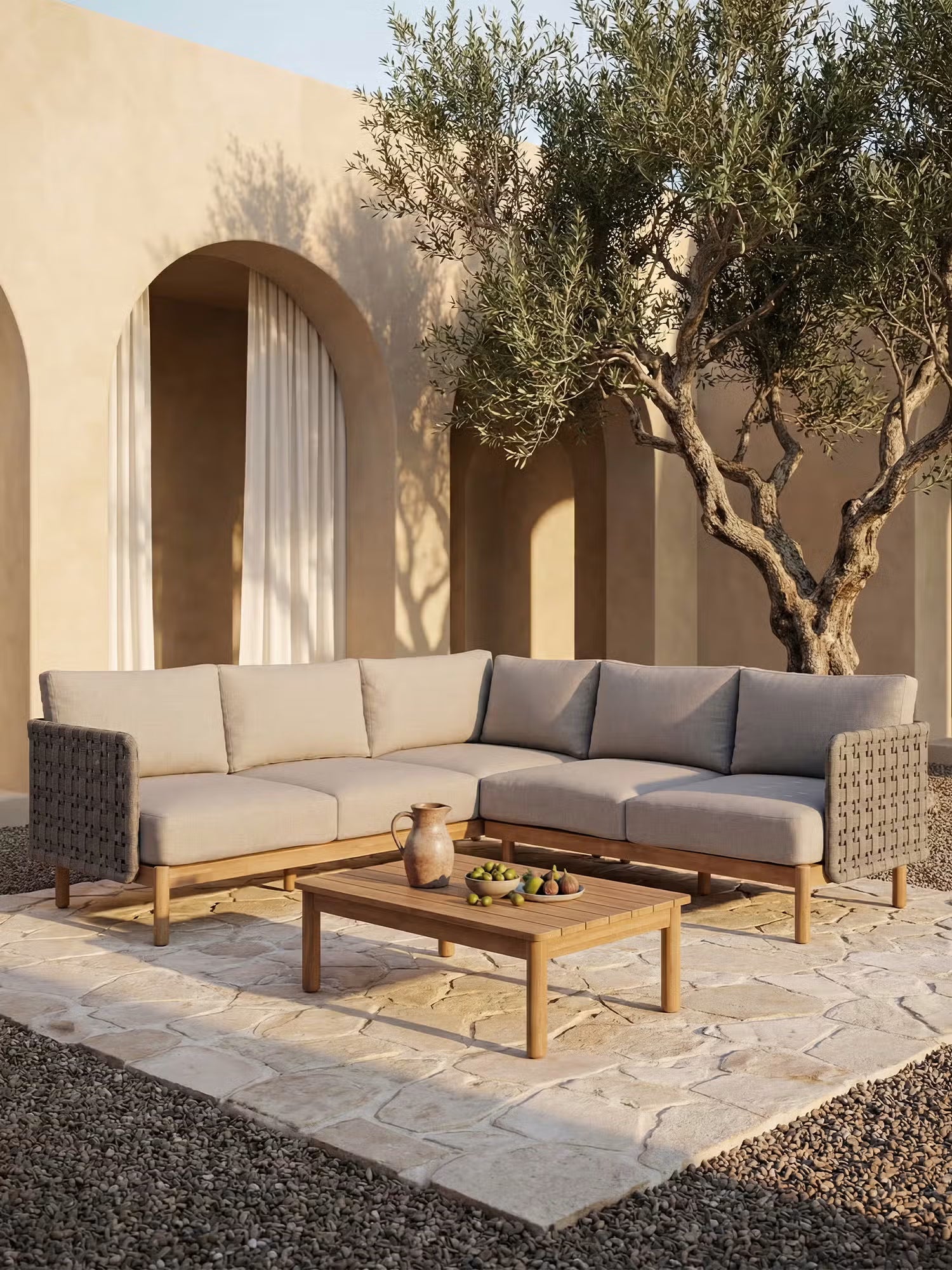 Aven Divano angolare da esterno in acacia e intreccio antracite con cuscini grigio acciaio