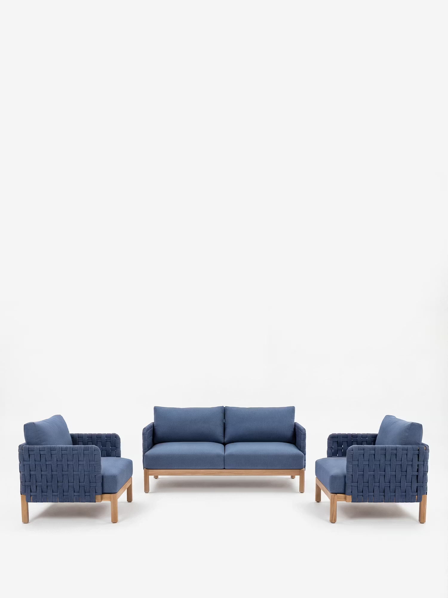 Aven Set salotto da esterno in acciaio e corda intrecciata blu e base in legno - Divano e 2 poltrone