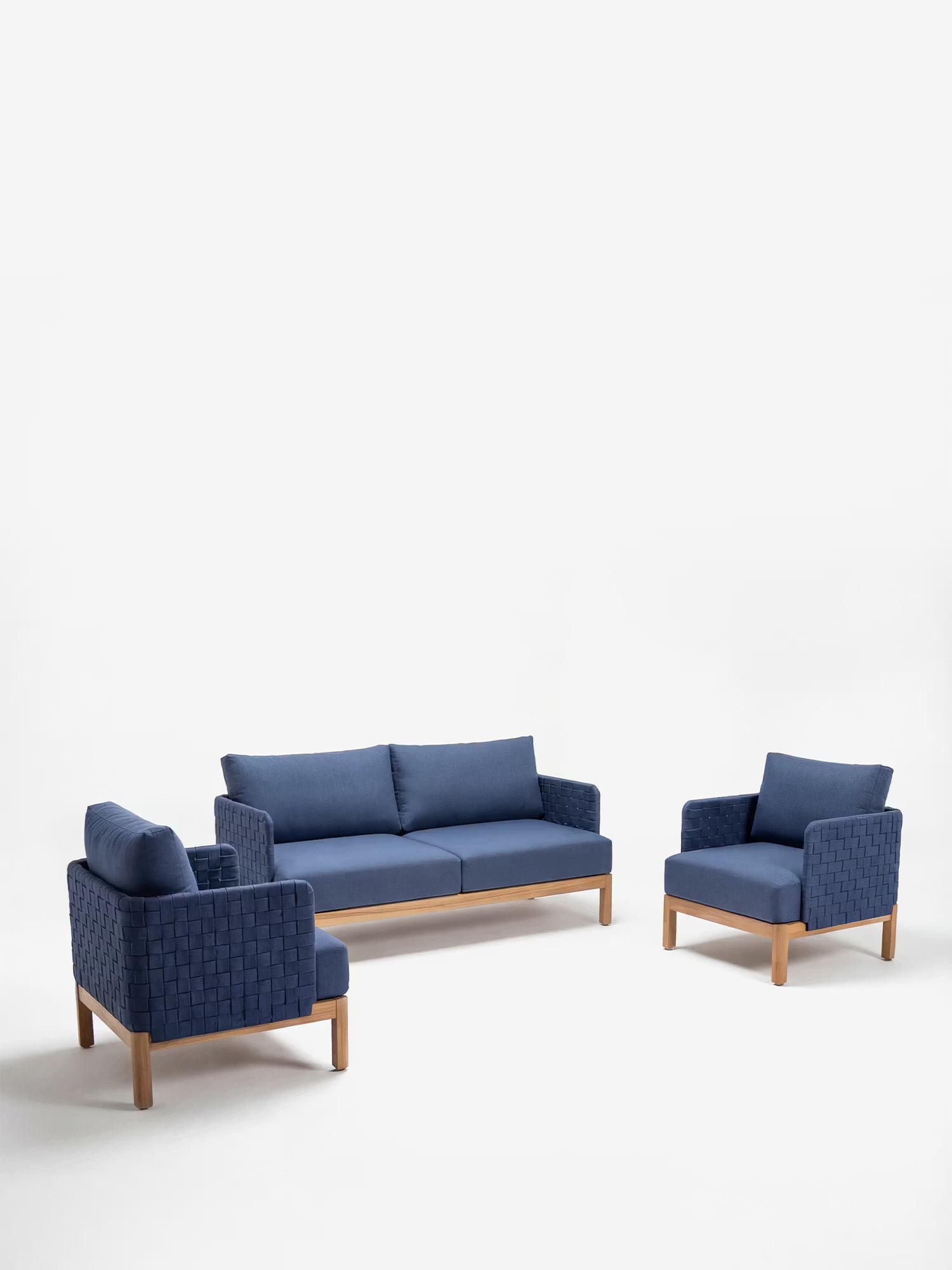 Aven Salon d'extérieur en acier et corde tressée bleue avec base en bois - Canapé et 2 fauteuils