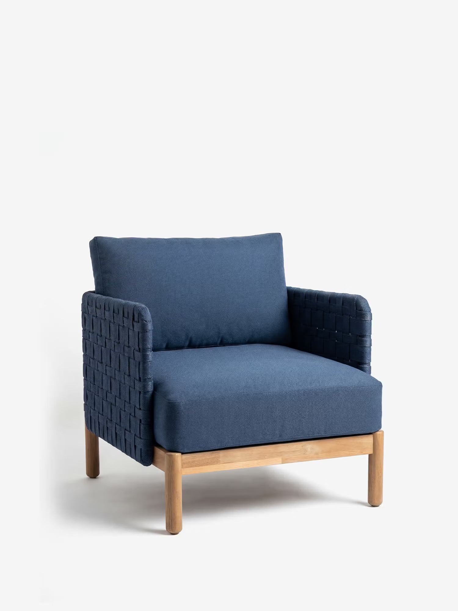 Aven Salon d'extérieur en acier et corde tressée bleue avec base en bois - Canapé et 2 fauteuils