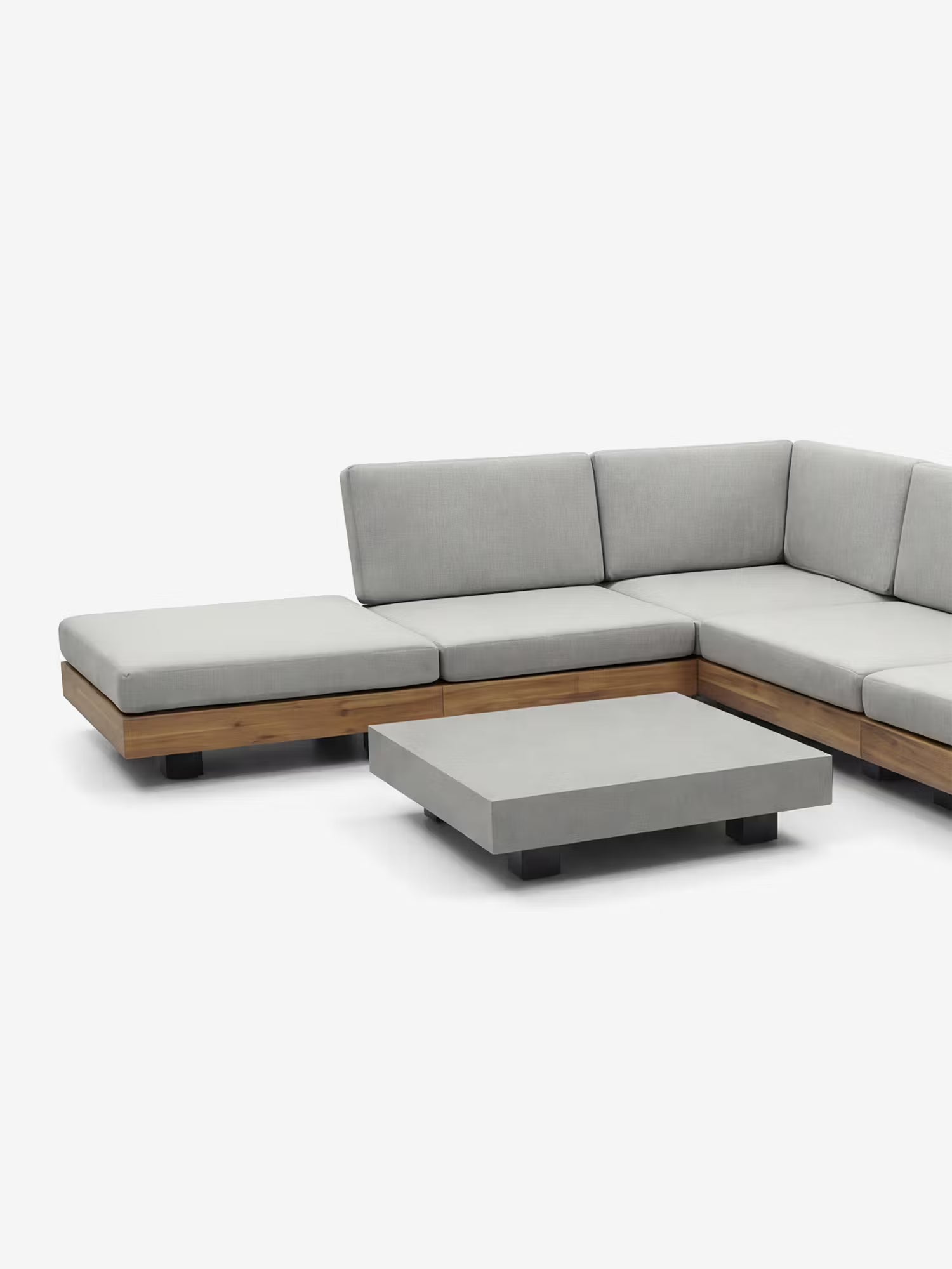 California set lounge angular de exterior modular gris claro con madera de acacia y mesa de centro efecto cemento