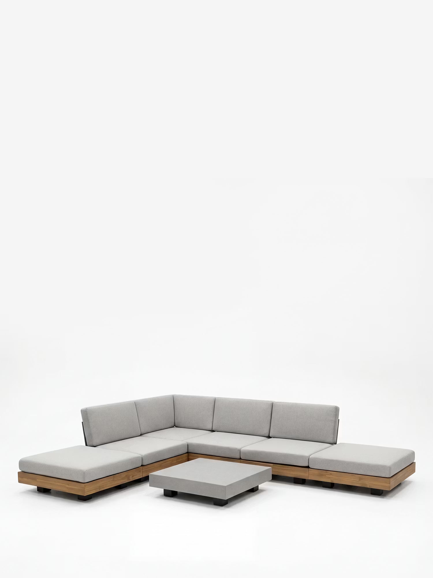 California Set modulares Outdoor-Ecklounge-Set in Hellgrau mit Akazienholz und Couchtisch in Betonoptik