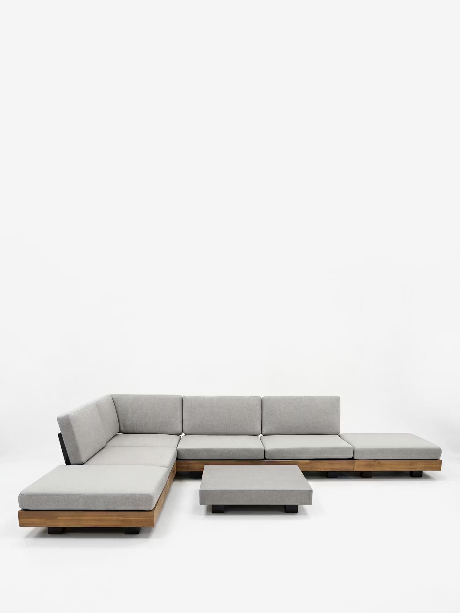 California set lounge angular de exterior modular gris claro con madera de acacia y mesa de centro efecto cemento