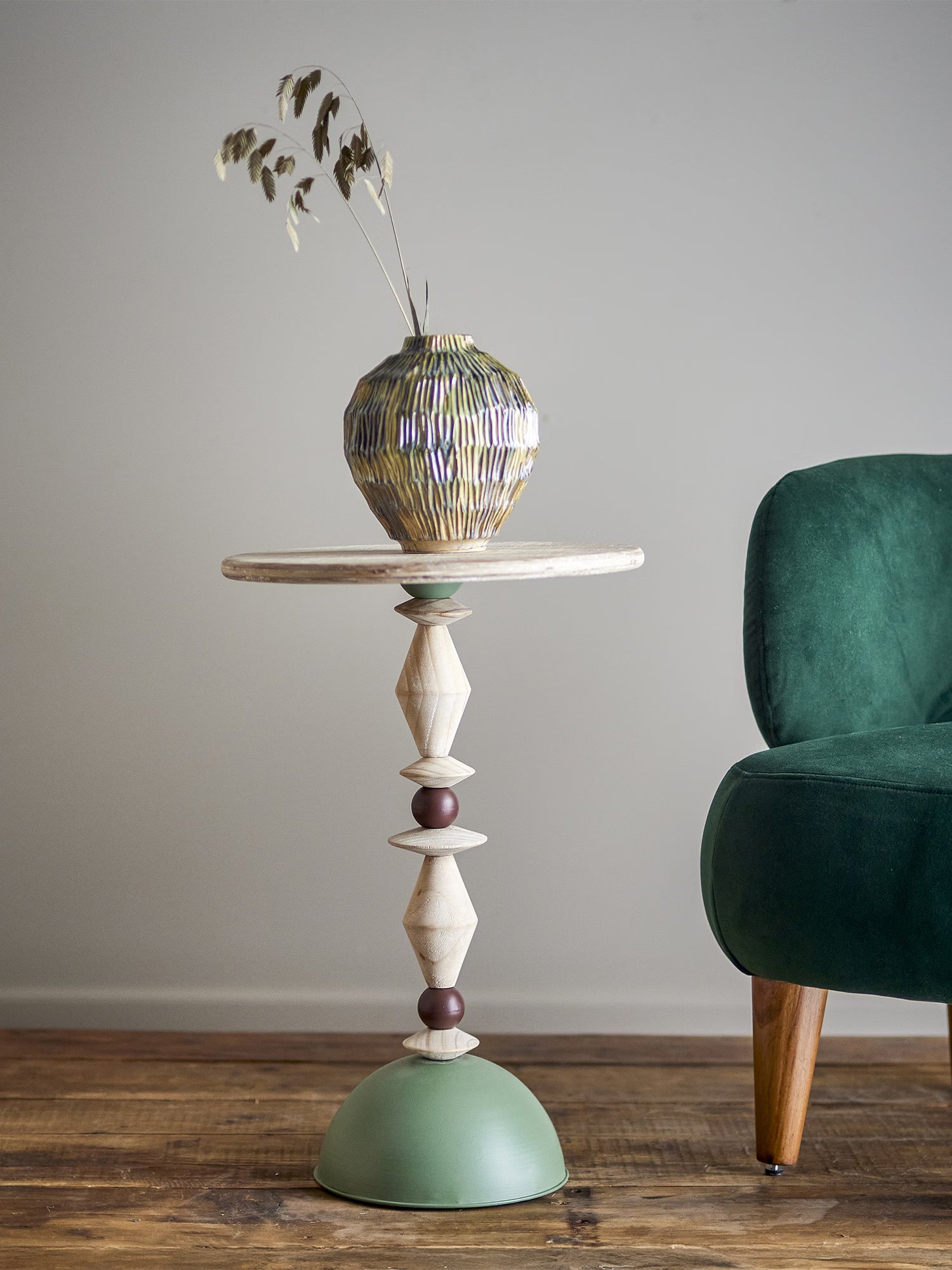 Mannelli Round side table in fir wood and green metal - side table Ø40 cm