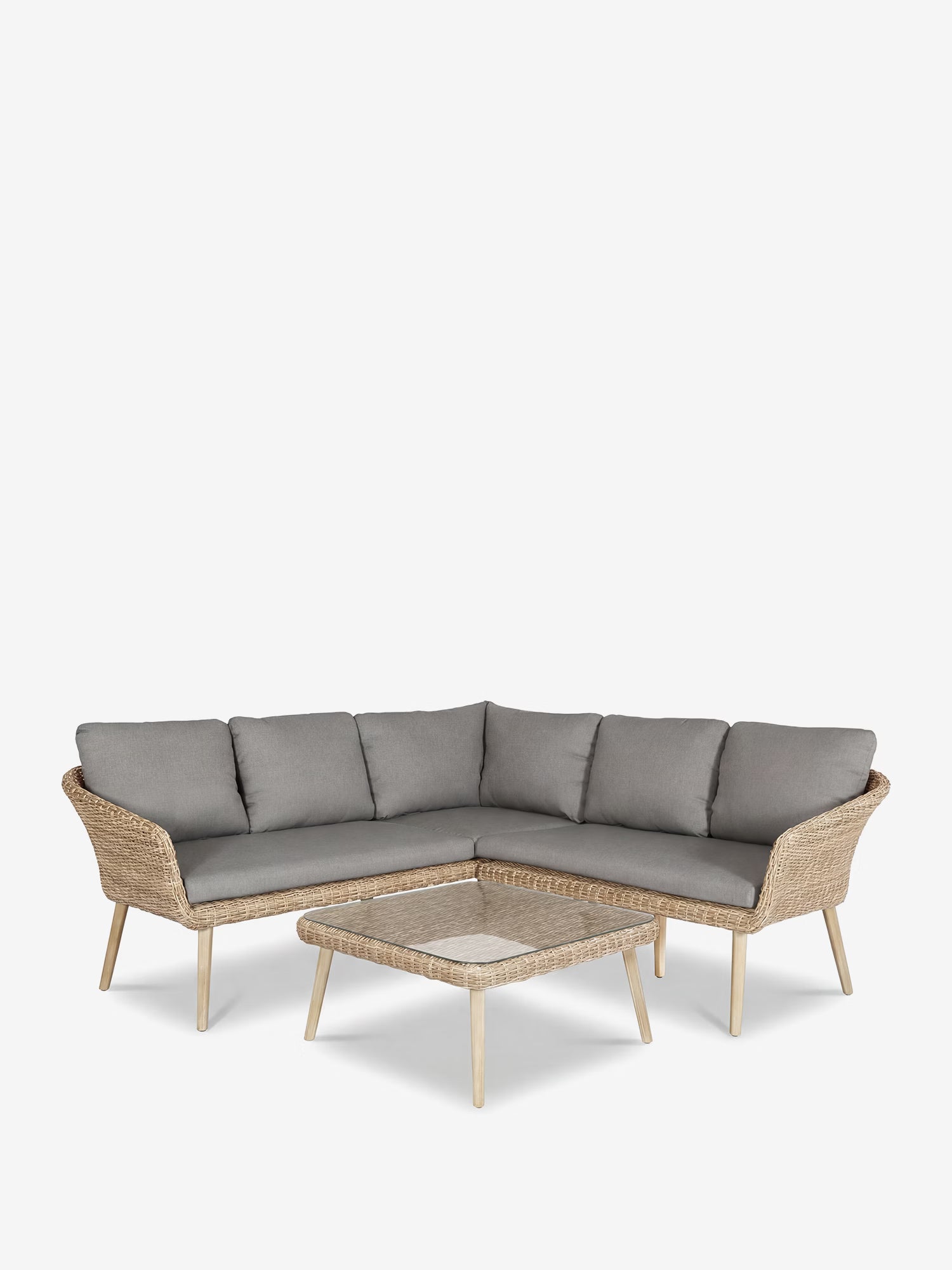 Leya Set mit Ecksofa für den Außenbereich aus natürlichem Polyrattan mit Tischchen aus Glas und Akazienholz
